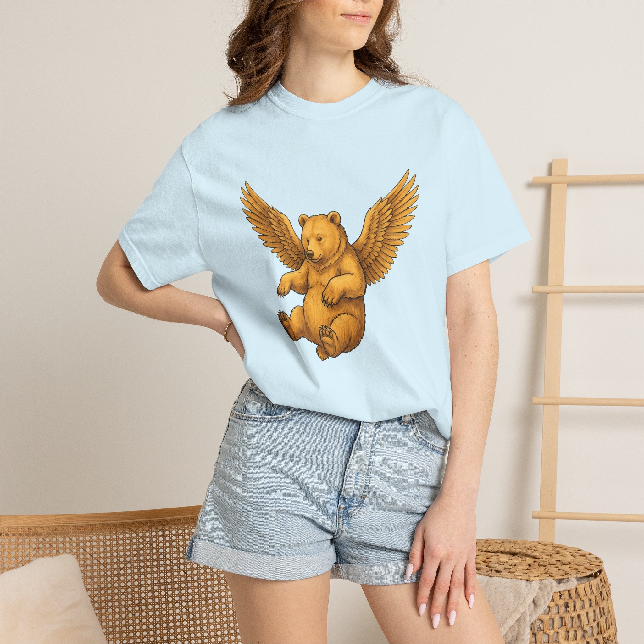 Angel Bear Shirt Animals Mythical Gift Women Line Art Tee Teddy Bear T-Shirt Creature Fan Fantasy Tshirt Mythical Graphic Rustic Quill