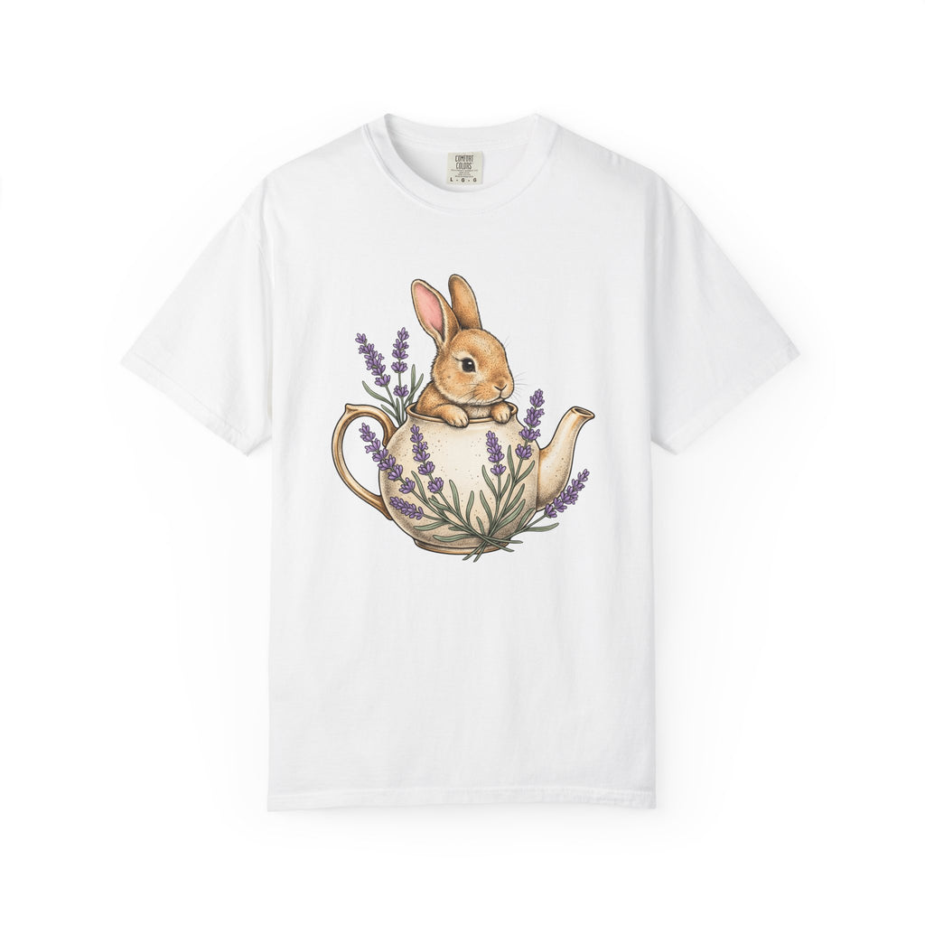 Bunny Kettle Shirt Animals & Flowers Rustic Gift Women Flower Tee Tea Kettle T-Shirt Floral Fan Botanical Tshirt Country Graphic Hand Drawn