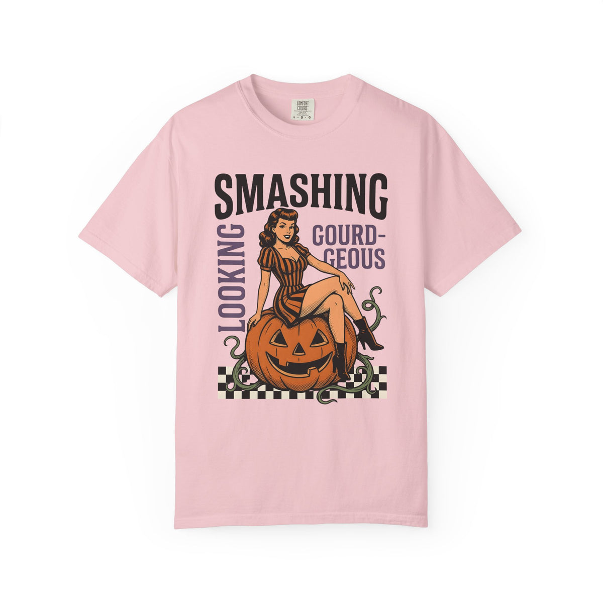 Pinup Girl Pumpkin Shirt Halloween Pinup Gift Women Vintage Tee Gourd T-Shirt Horror Fan Retro Tshirt Pinup Graphic Retro Checkerboard