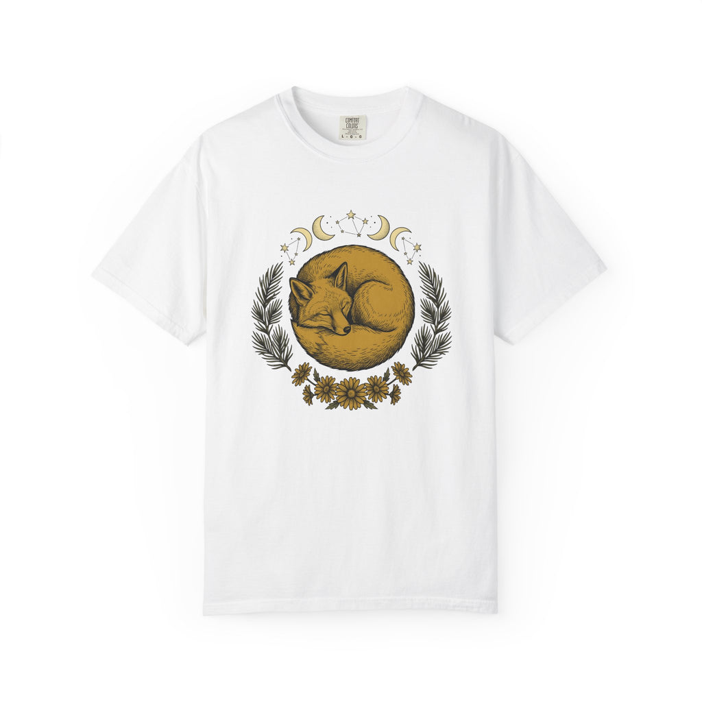 Curled Fox Shirt Boho Chic Outdoors Gift Women Tribal Tee Fox T-Shirt Bohemian Fan Primitive Tshirt Wilderness Graphic Line Art Moon Phases