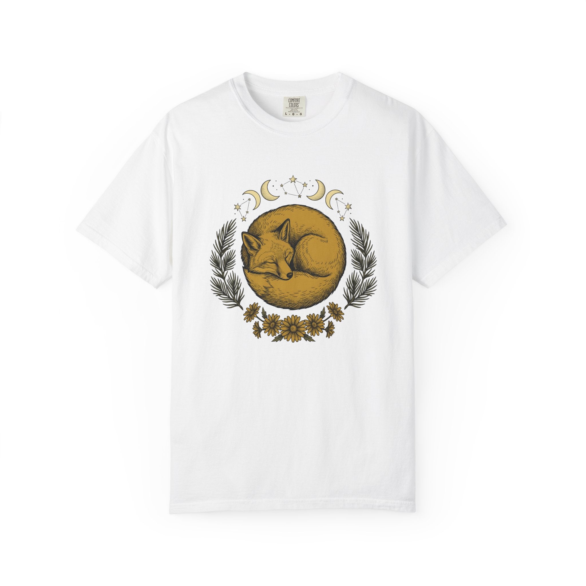 Curled Fox Shirt Boho Chic Outdoors Gift Women Tribal Tee Fox T-Shirt Bohemian Fan Primitive Tshirt Wilderness Graphic Line Art Moon Phases