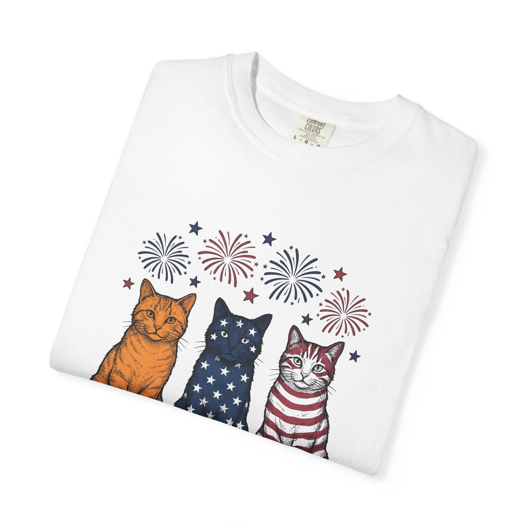 American Cats Shirt 4th Of July Kitten Gift Women Sketch Tee Felines T-Shirt Independence Day Fan Cat Illustration Retro Sparklers Tshirt