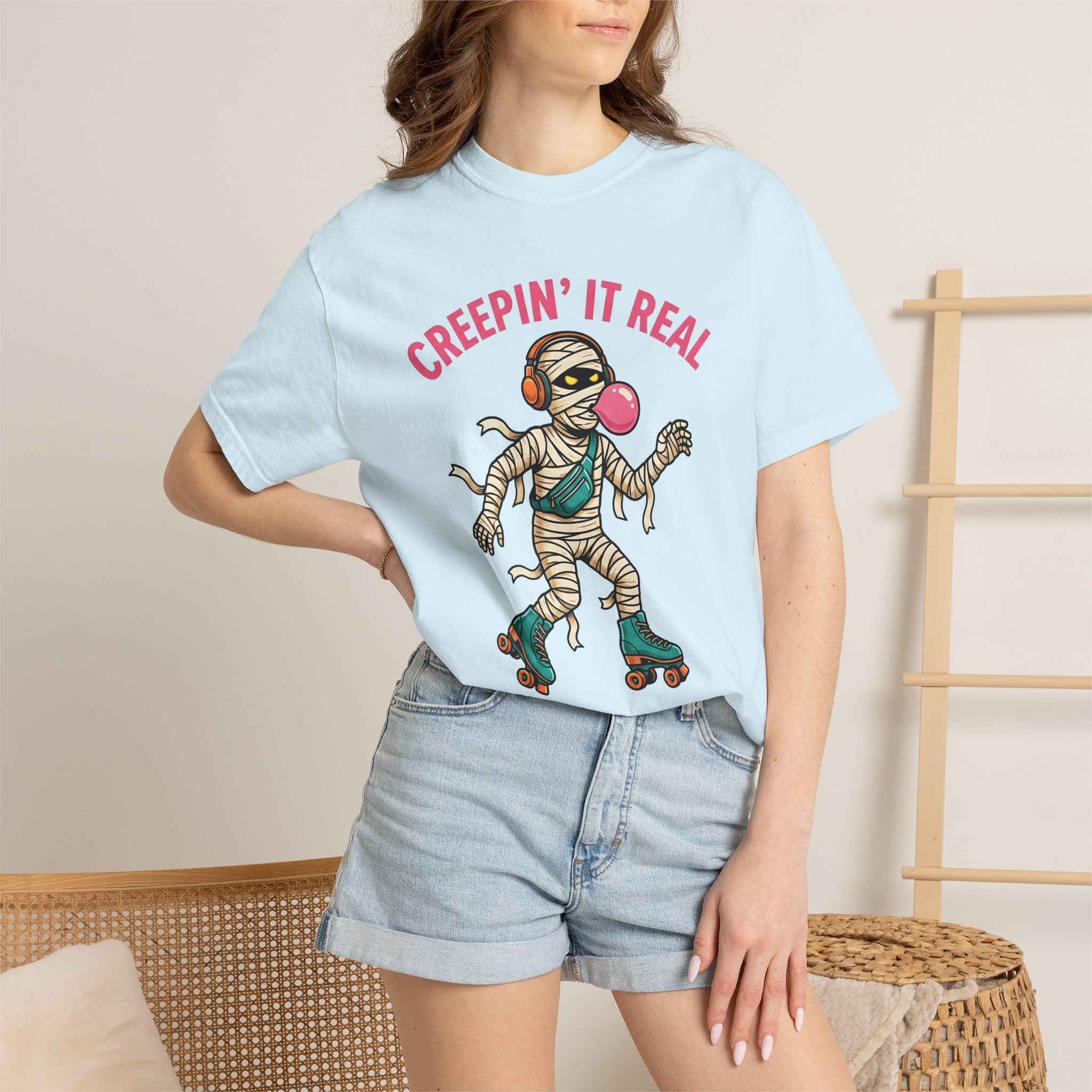 Wrapped Skater Shirt Halloween Joke Gift Women Comic Tee Skater T-Shirt Horror Fan Comic Book Tshirt Pun Graphic Vintage Earbuds Tshirt