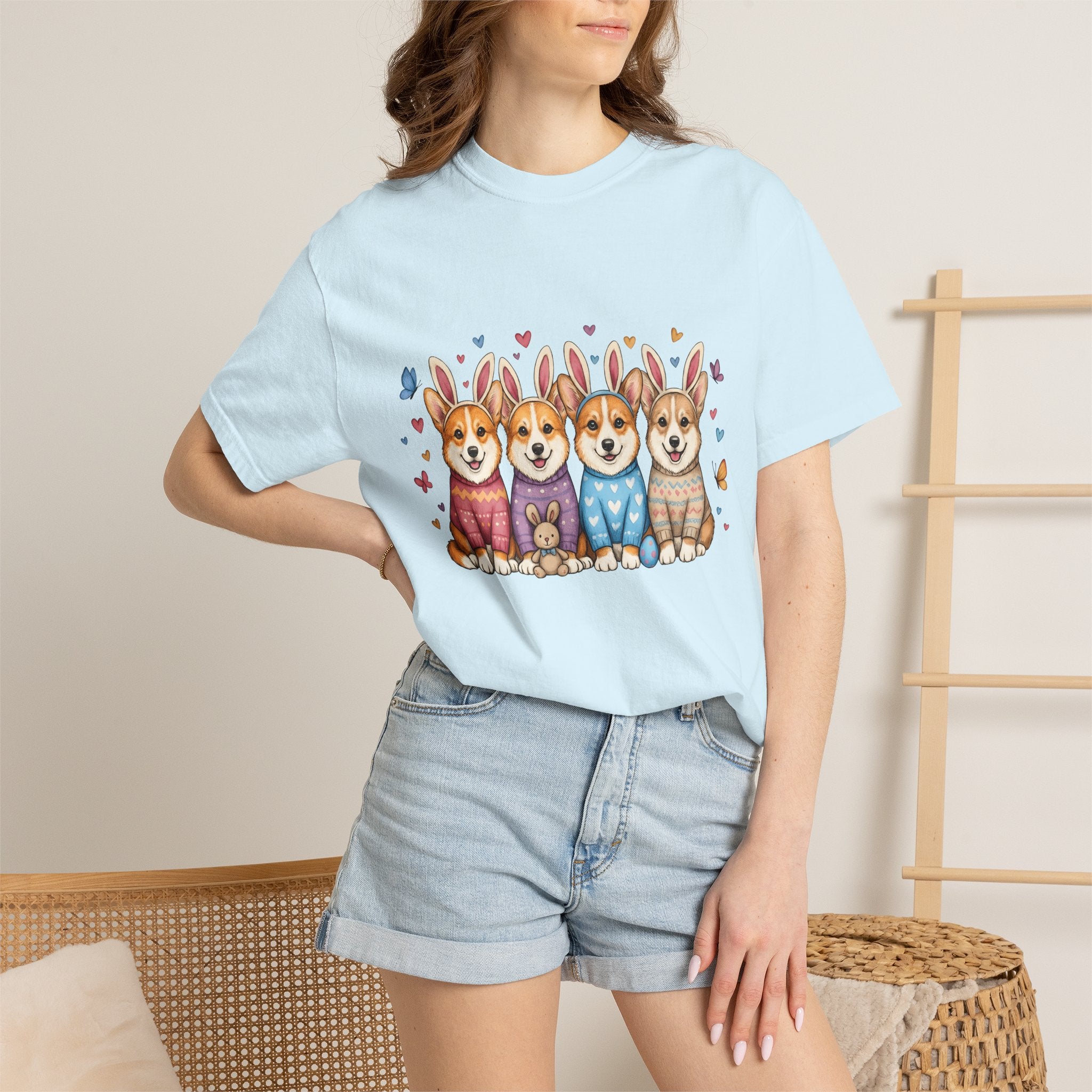 Corgi Puppies Shirt Easter Pets Gift Women Adorable Tee Puppy T-Shirt Easter Fan Cute Tshirt Animal Graphic Sketch Bunny Hat Tshirt