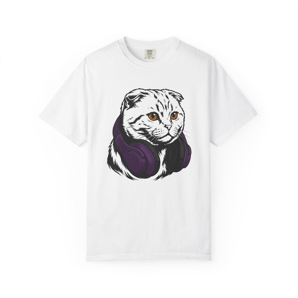 Cat Headphones Shirt Cat Music Gift Women Bold Graphic Tee Kitty Headphones T-Shirt Feline Fan Cat Graphic Tshirt Melody Graphic Music