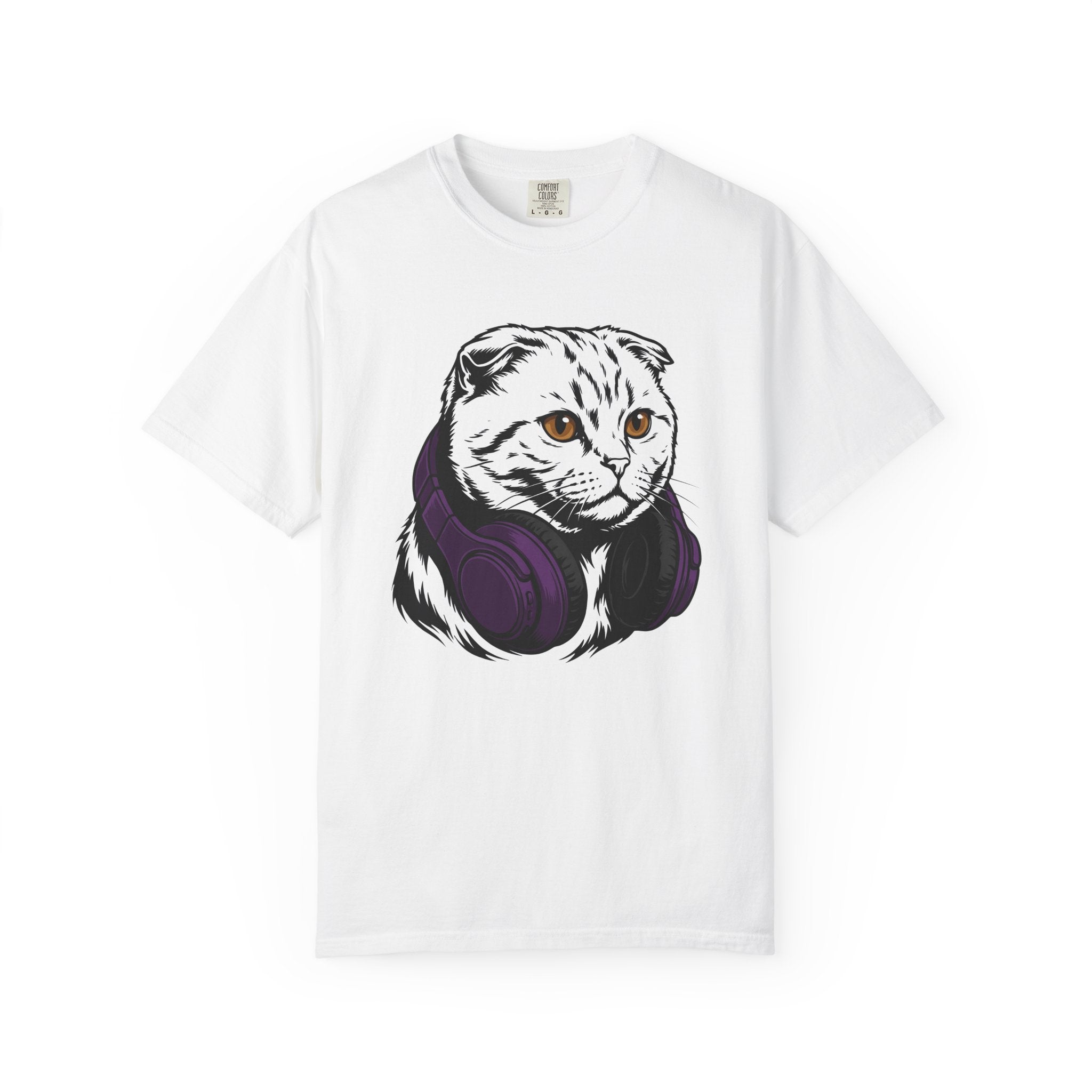 Cat Headphones Shirt Cat Music Gift Women Bold Graphic Tee Kitty Headphones T-Shirt Feline Fan Cat Graphic Tshirt Melody Graphic Music