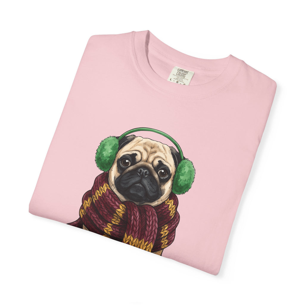Pug Dog Shirt Dog Winter Gift Women Hand Drawn Tee Puggle T-Shirt Dog Fan Canine Graphic Cold Weather Design Tee Vintage Scarf Tshirt