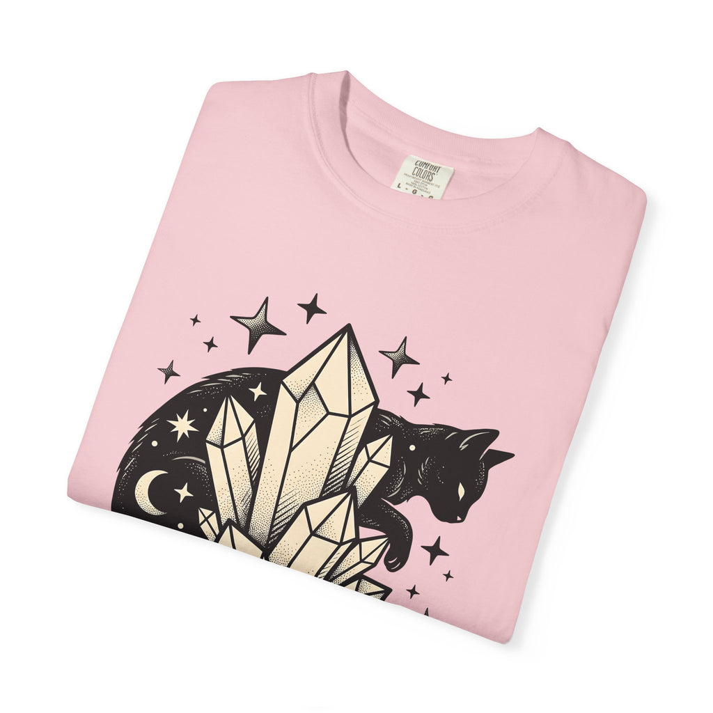 Black Cat Crystal Shirt Cat Alternative Gift Women Witchy Tee Crystal Cat T-Shirt Cat Fan Mystical Tshirt Gothic Graphic Sketch Stars Tshirt