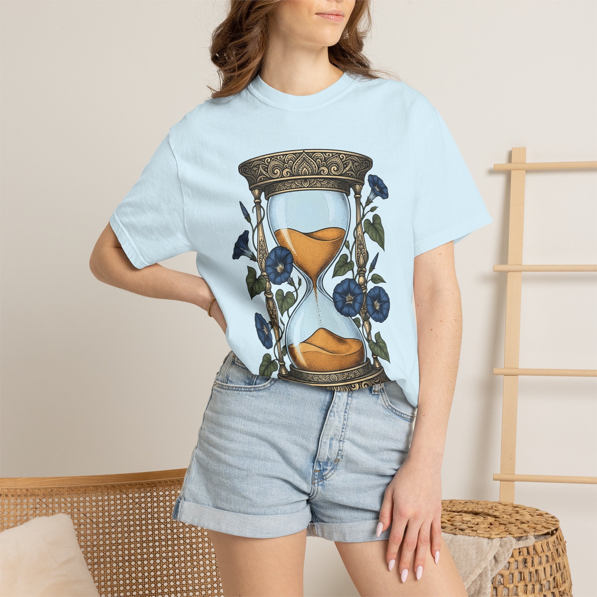 Hourglass Floral Shirt Boho Chic Botanical Gift Women Tattoo Tee Sand Timer T-Shirt Bohemian Fan Ink Tshirt Floral Graphic Vintage Blue