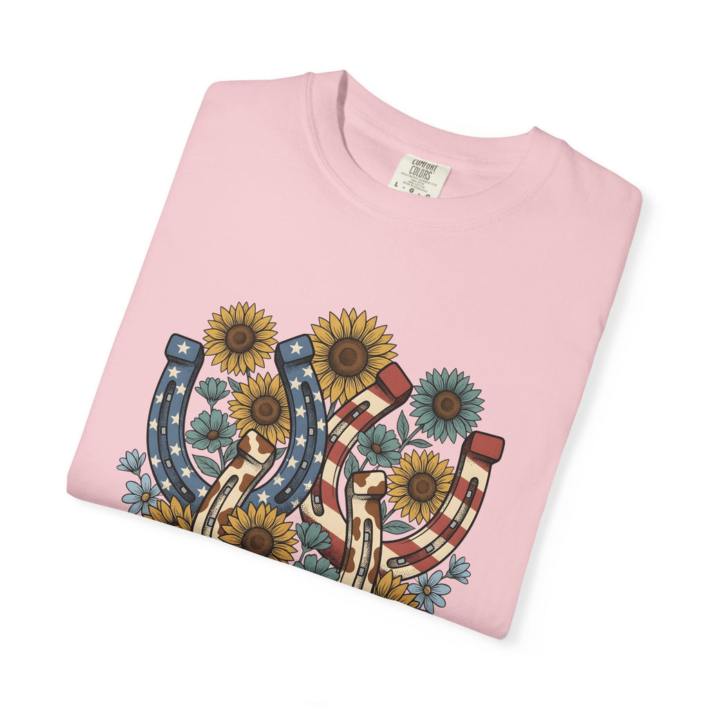 Horseshoe Sunflower Shirt America Frontier Gift Women Folk Tee Sunflower T-Shirt American Fan Folk Art Tshirt Pioneering Graphic Classic