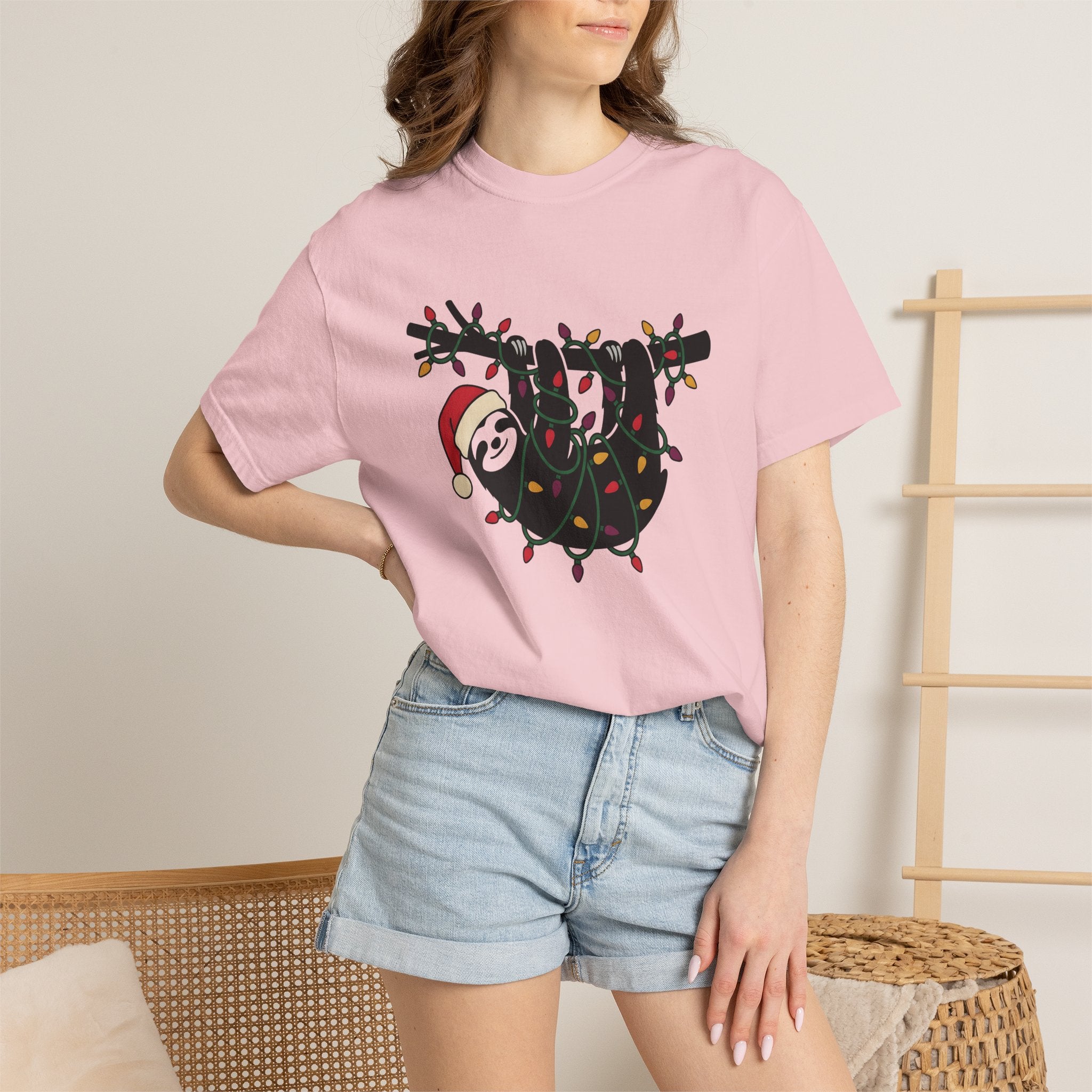 Sloth Xmas Shirt Animals Christmas Gift Women Cute Tee Sloth T-Shirt Wildlife Fan Adorable Tshirt Holiday Graphic Simple Christmas Lights