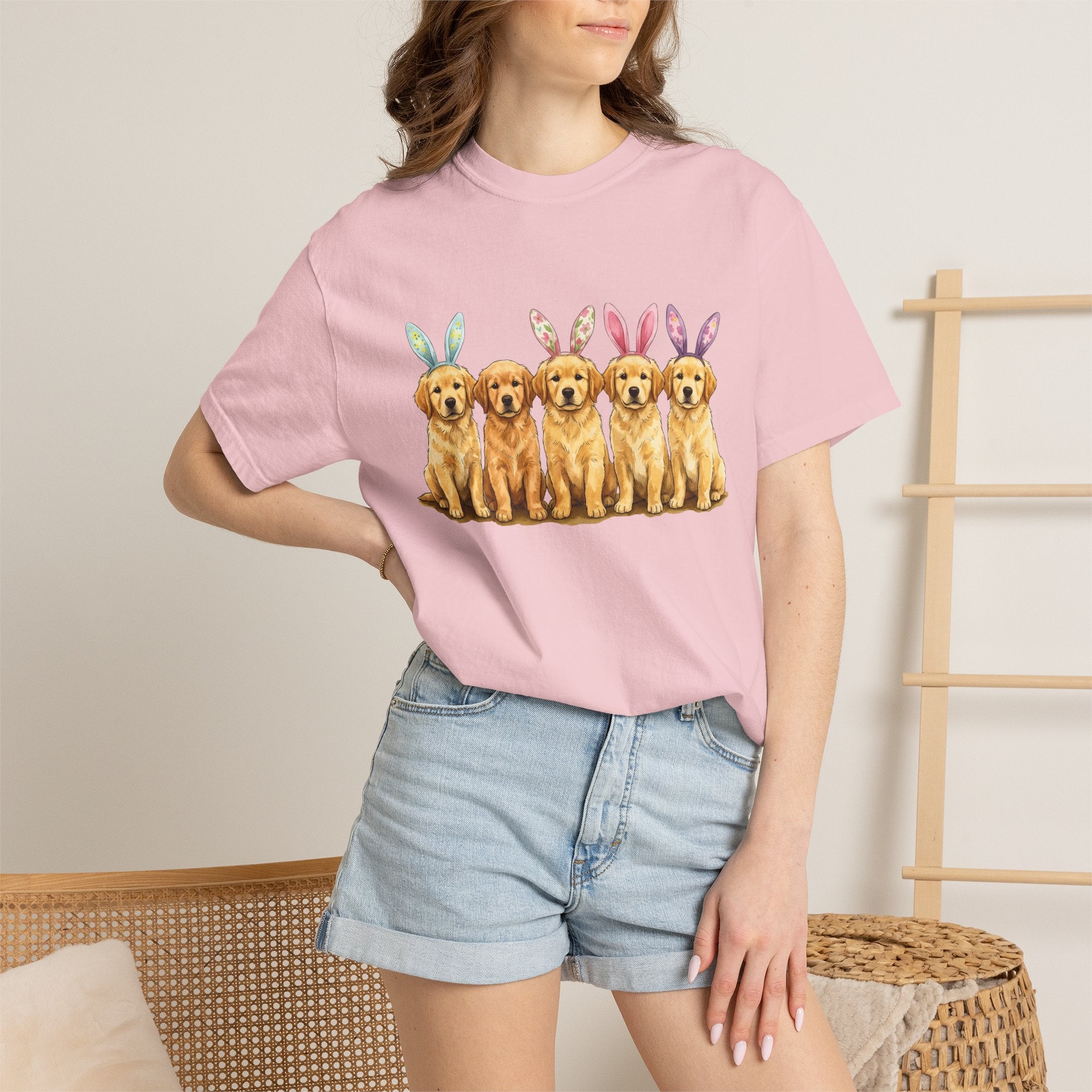 Golden Retriever Puppy Shirt Easter Companion Gift Women Pastel Tee Puppy T-Shirt Easter Fan Puppy Art Tshirt Friend Graphic Cartoon Bunny