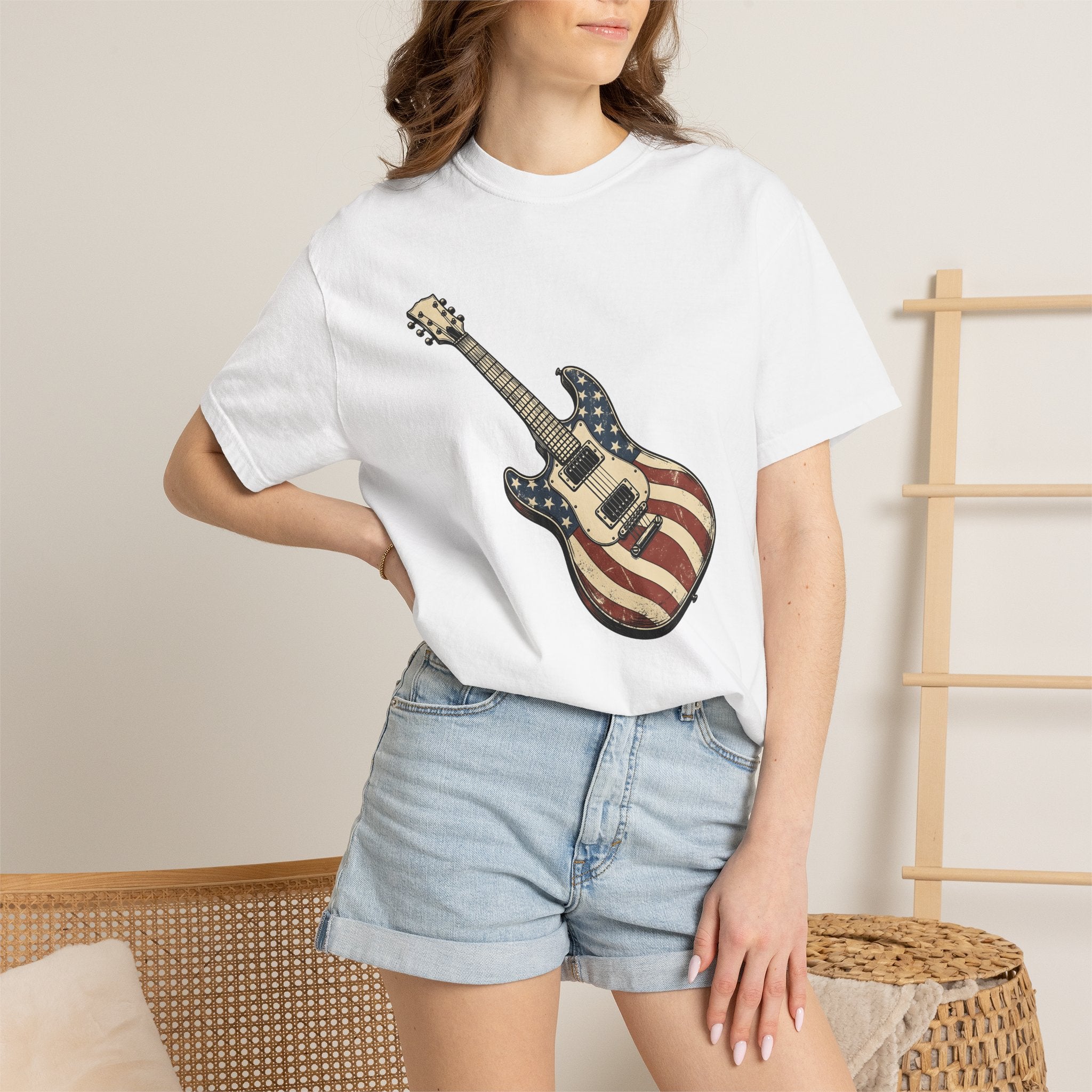 Electric Guitar Shirt America Instruments Gift Women Hand Drawn Tee Guitar T-Shirt Usa Fan Illustrated Tshirt Musical Instrument Graphic