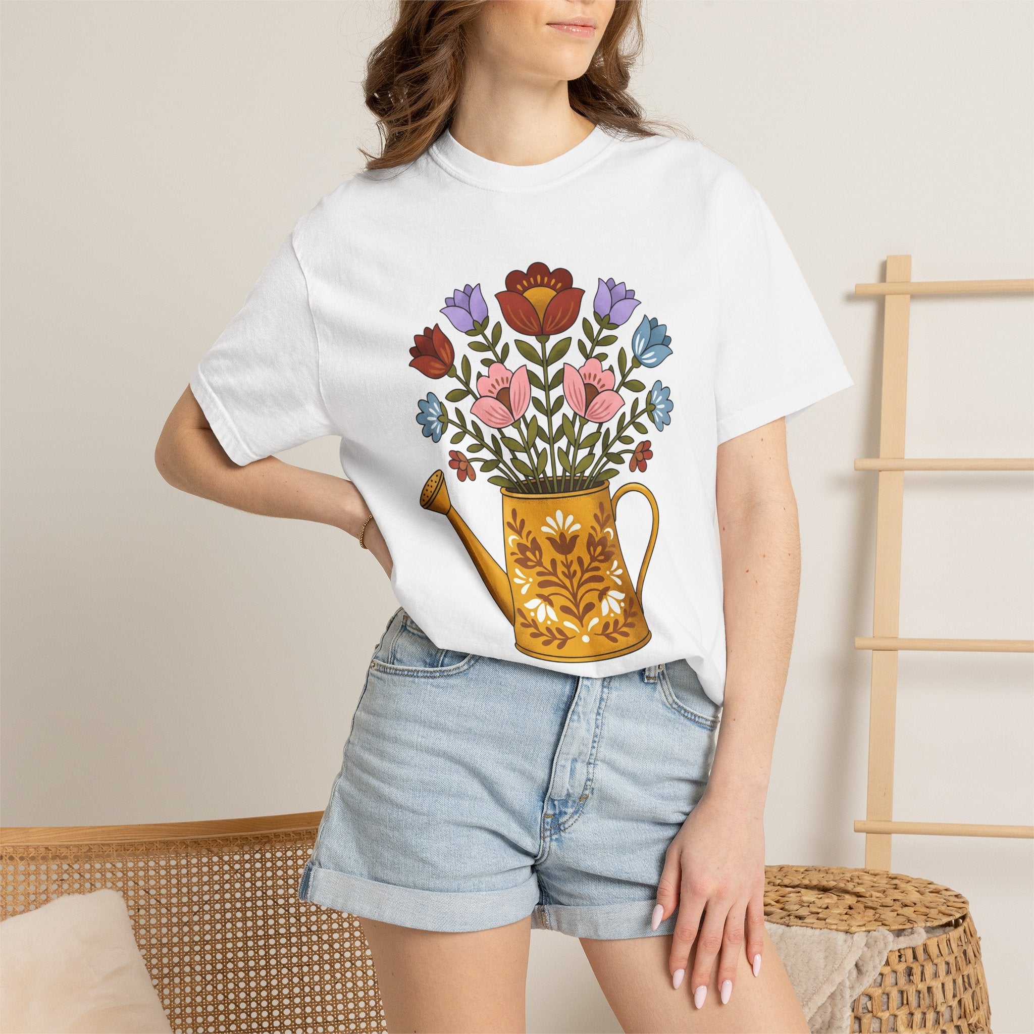 Floral Bouquet Shirt Easter Garden Gift Women Folk Art Tee Flower Arrangement T-Shirt Spring Fan Floral Graphic Vintage Retro Watering Can
