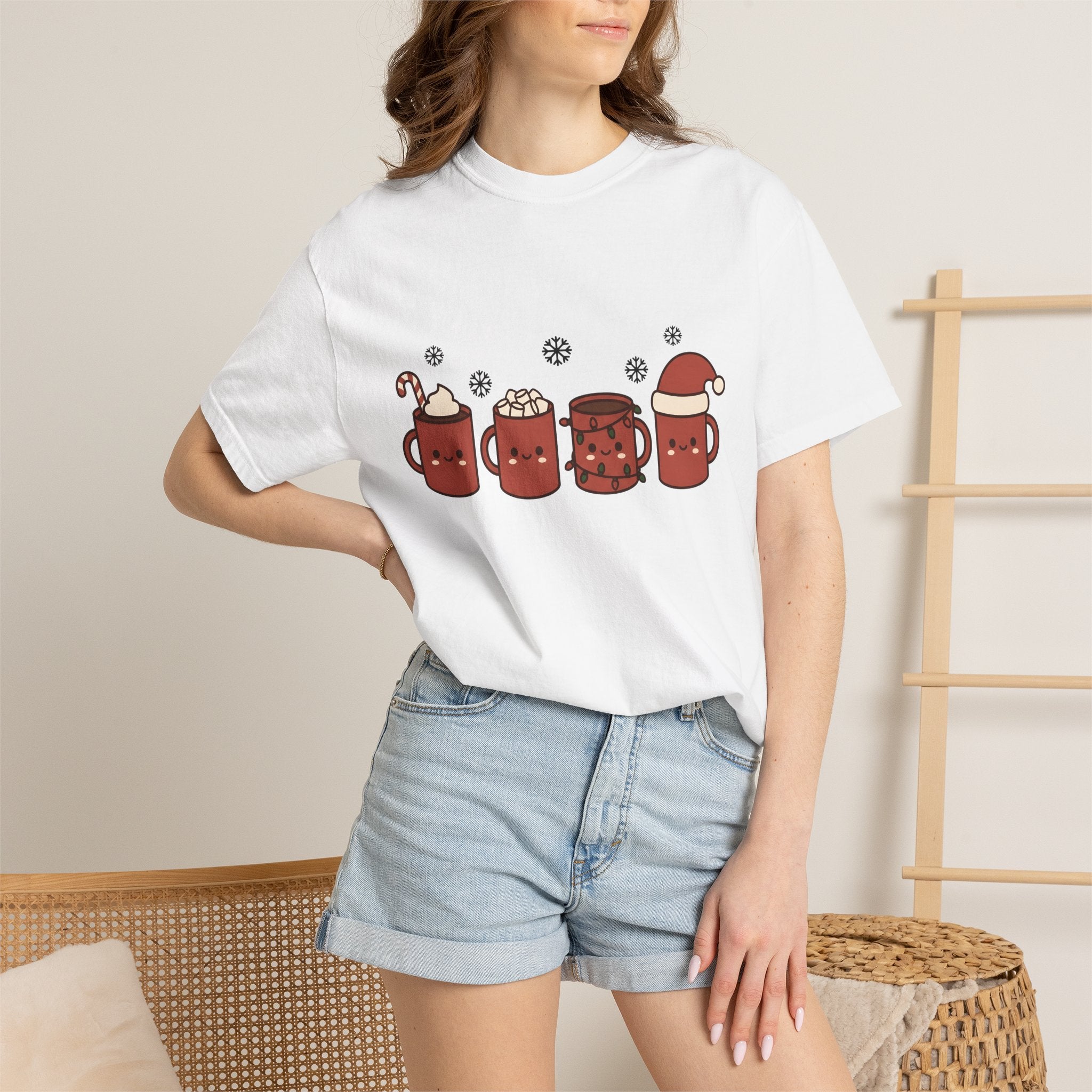 Adorable Hot Chocolate Mugs Shirt Christmas Holiday Gift Women Cartoon Tee Hot Chocolate Mugs T-Shirt Xmas Fan Comic Tshirt Seasonal Graphic
