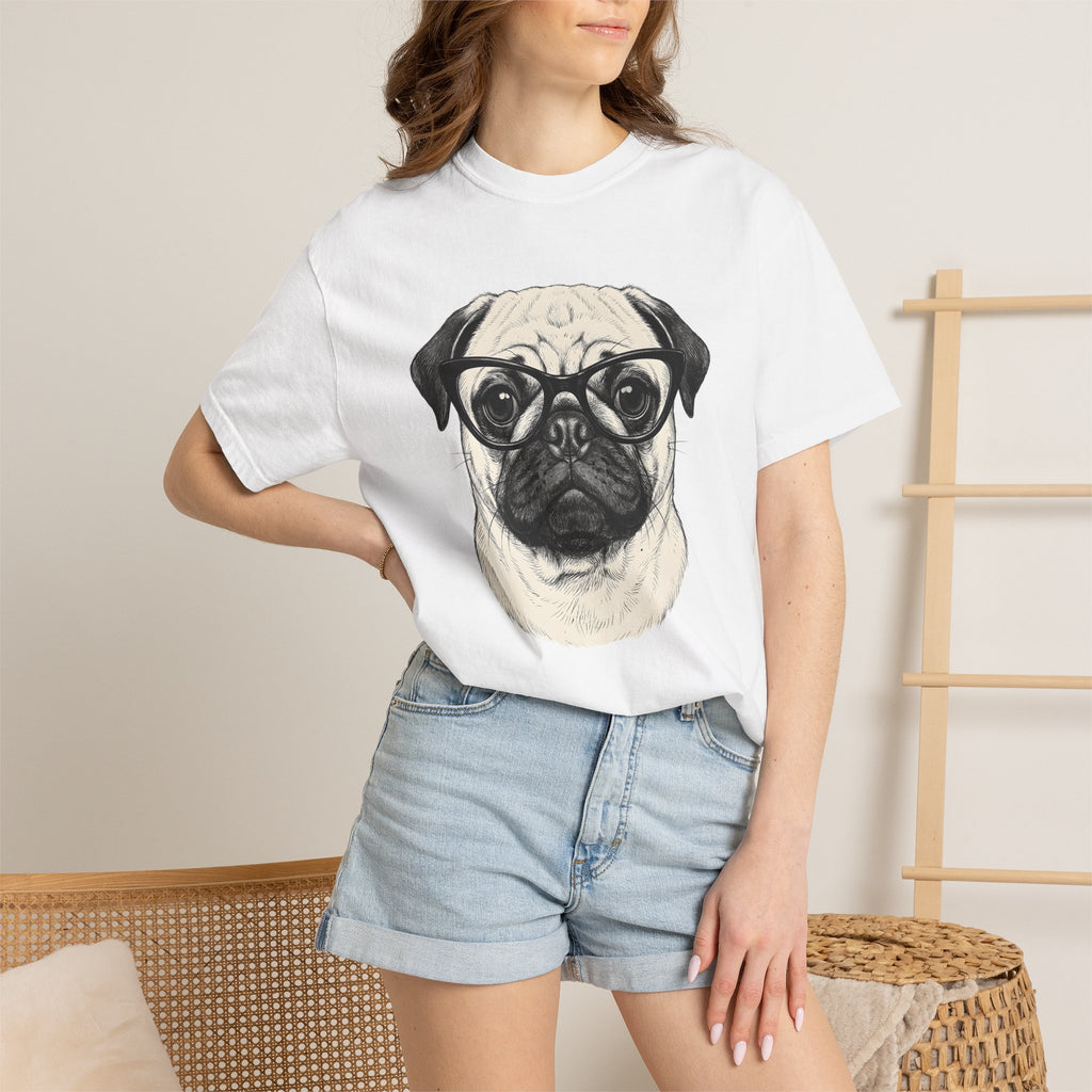 Pug Canine Shirt Dog Wildlife Gift Women Line Art Tee Dog T-Shirt Dog Fan Illustrated Graphic Tshirt Hand Drawn Spectacles Tshirt