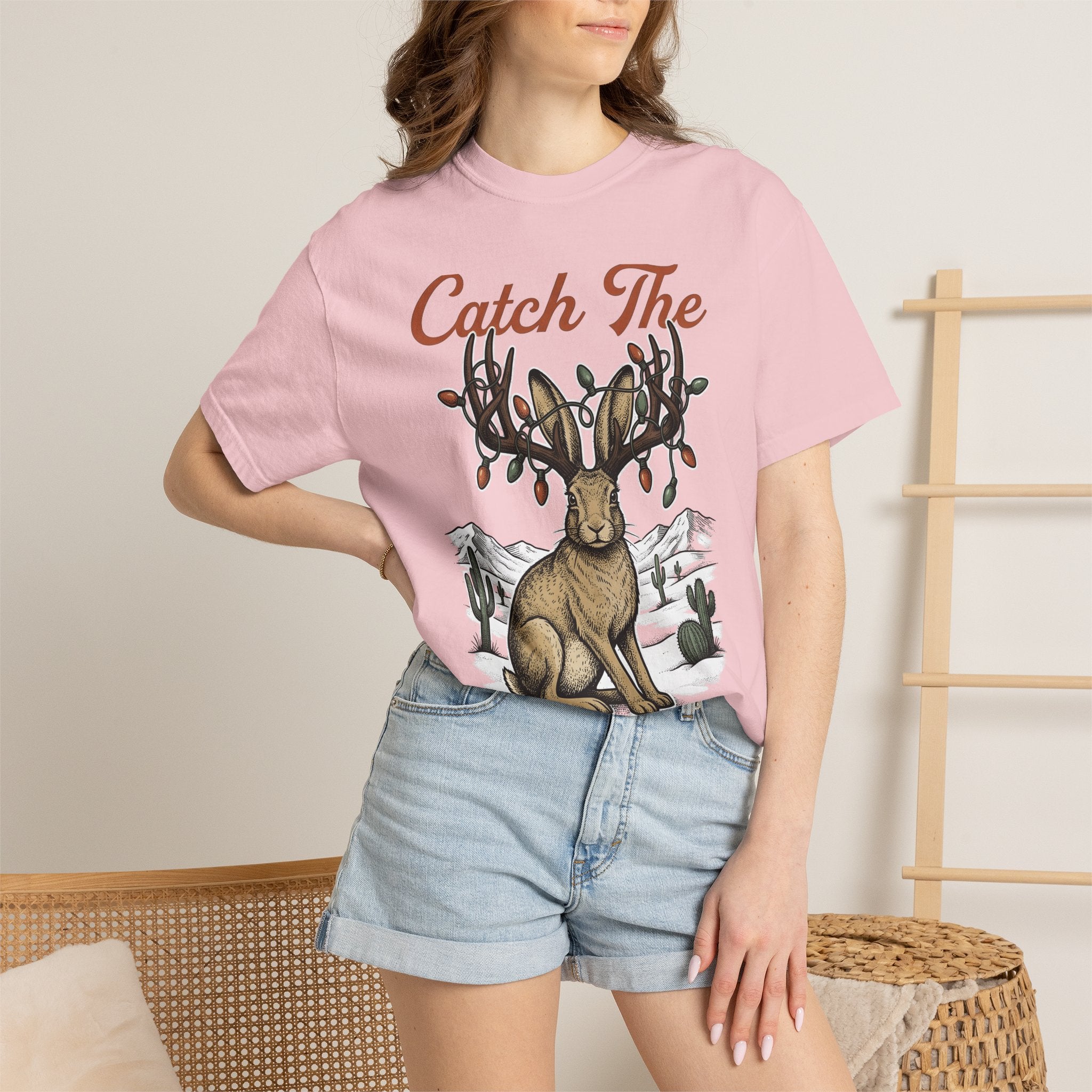 Antler Rabbit Graphic Shirt Christmas Fauna Gift Women Retro Tee Hare T-Shirt Xmas Fan Vintage Tshirt Wildlife Graphic Doodle String Lights