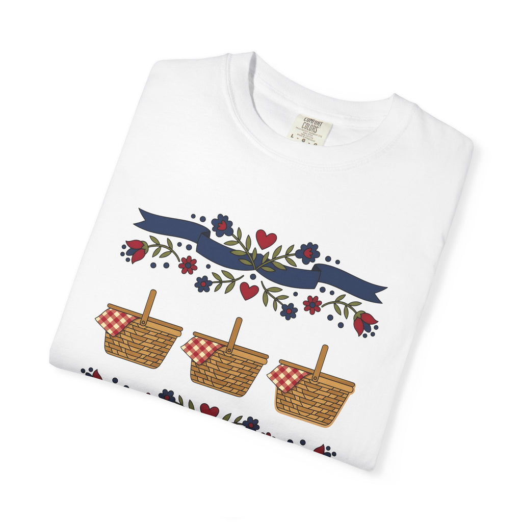 Picnic Basket Shirt America 4Th Of July Independence Gift Women Traditional Tee Hamper T-Shirt Patriotic Fan Folk Art Tshirt Liberty Graphic