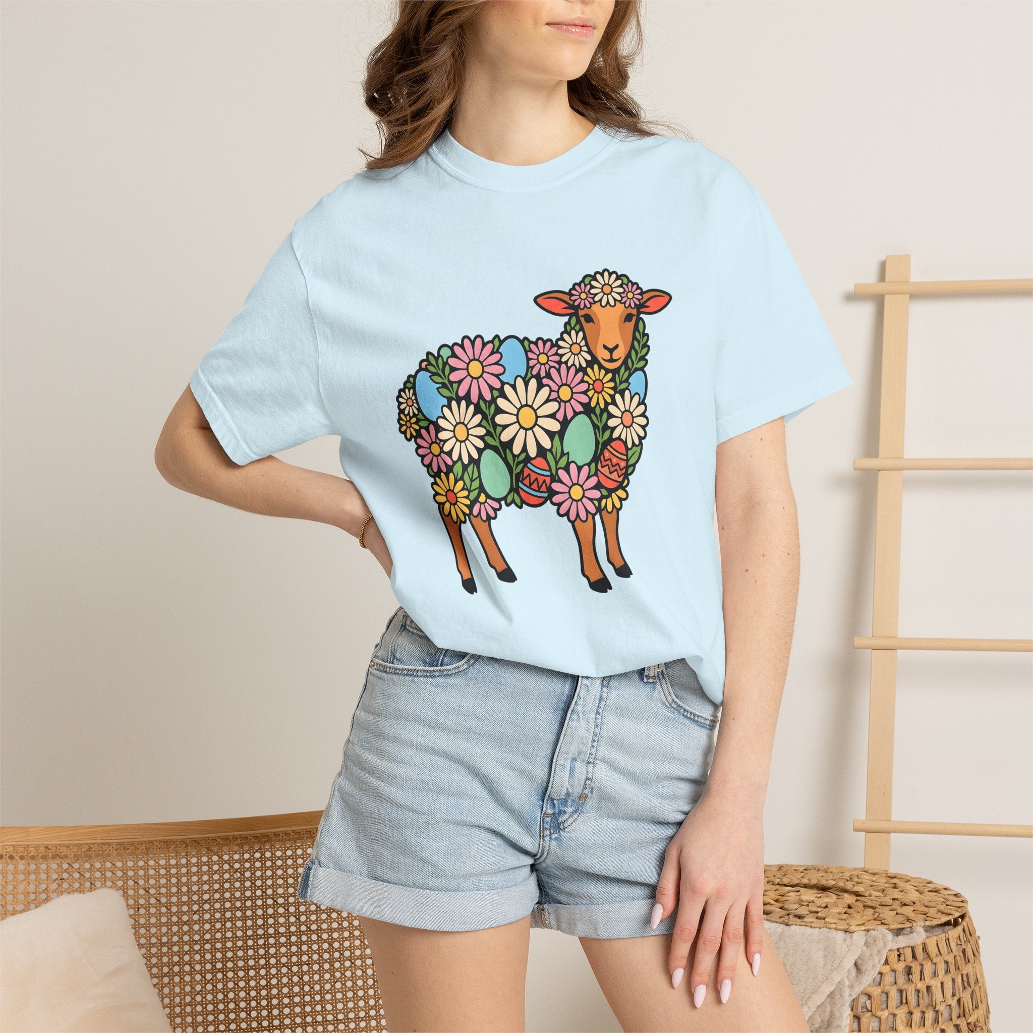 Lamb Floral Shirt Easter Spring Gift Women Boho Tee Sheep T-Shirt Easter Fan Hippie Tshirt Floral Graphic Folk Art Easter Eggs Tshirt