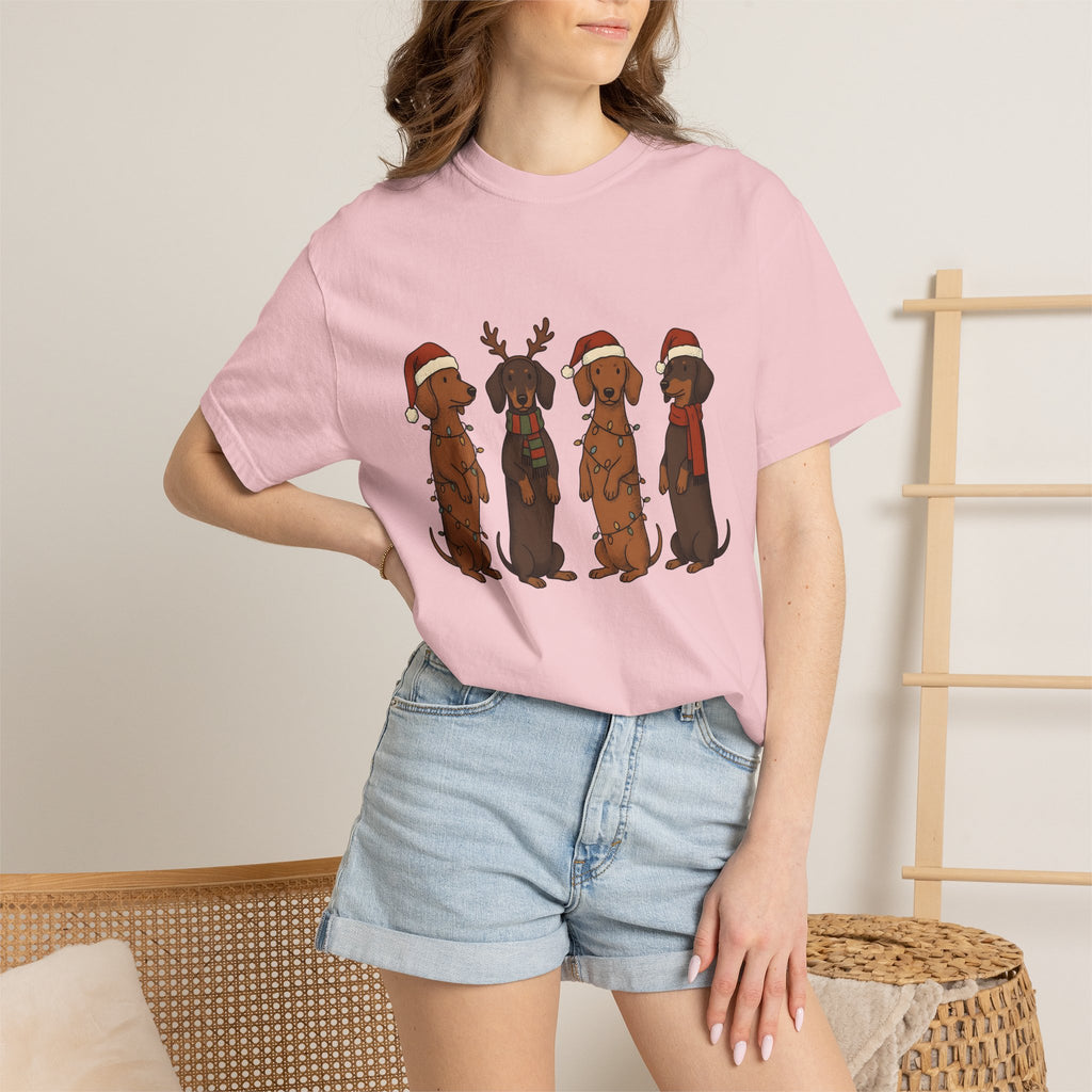 Dachshund Pups Shirt Christmas Animal Gift Women Anime Tee Wiener Dog T-Shirt Xmas Fan Cartoon Tshirt Creature Graphic Doodle Festive Hats