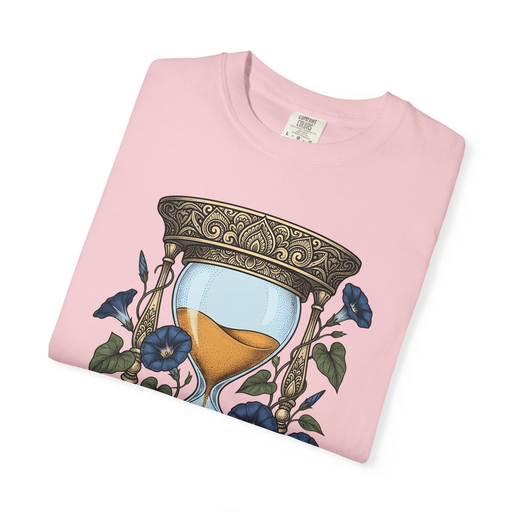 Hourglass Floral Shirt Boho Chic Botanical Gift Women Tattoo Tee Sand Timer T-Shirt Bohemian Fan Ink Tshirt Floral Graphic Vintage Blue