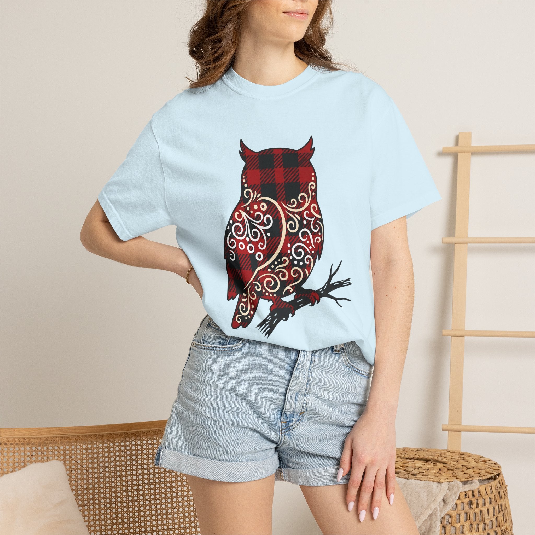 Owl Gingham Shirt Animals Nature Gift Women Primitive Tee Owl T-Shirt Wildlife Fan Hoot Graphic Illustration Sketch Swirl Motif Tshirt