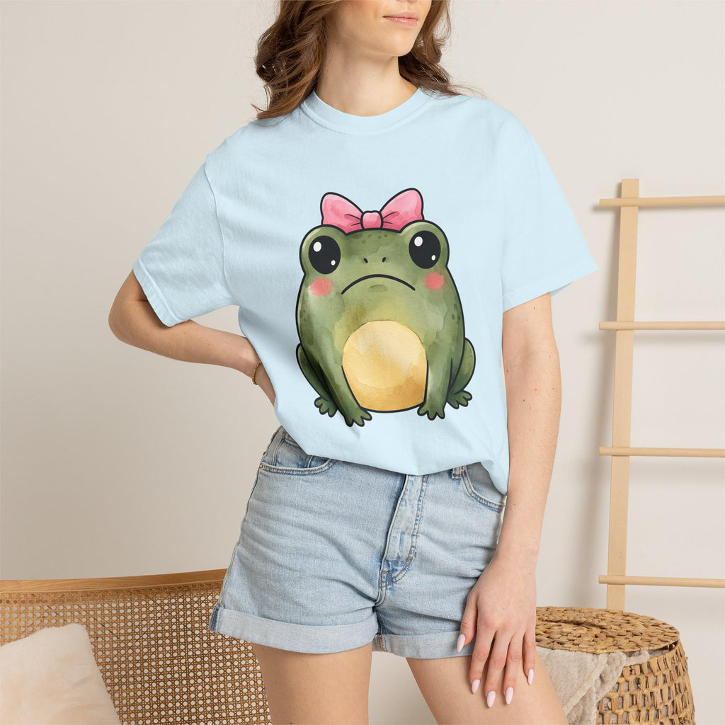 Frog Bow Clip Shirt Animals Rustic Gift Women Playful Tee Toad T-Shirt Wildlife Fan Countryside Graphic Tshirt Pigment Blush Bow Tshirt