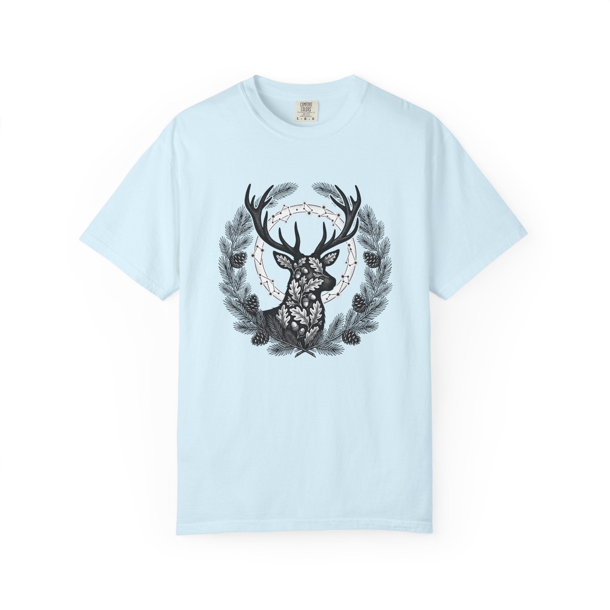 Buck Silhouette Shirt Boho Chic Plants Gift Women Leaf Tee Deer T-Shirt Bohemian Fan Botanical Tshirt Floral Graphic Sketch Cone Cluster