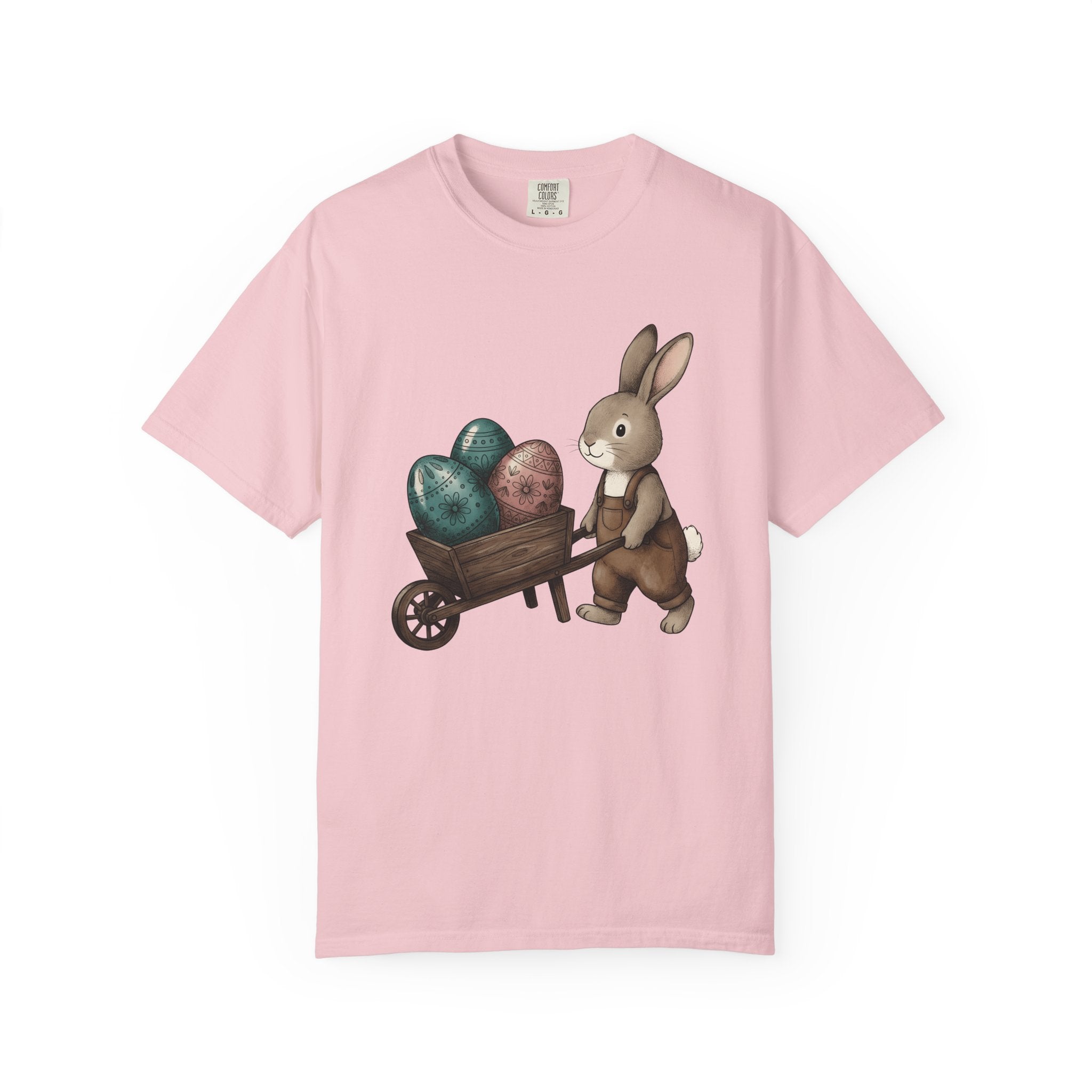 Bunny Cart Shirt Easter Wildlife Gift Women Sweet Tee Rabbit T-Shirt Easter Fan Bunny Tshirt Wildlife Graphic Doodle Colorful Eggs Tshirt