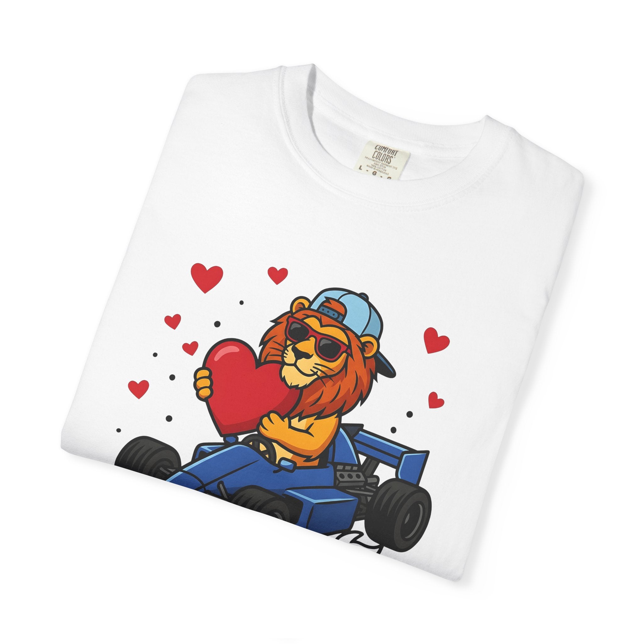 Lion Race Car Shirt St. Valentine's Day Animal Gift Women Cartoon Tee Lion T-Shirt Valentine Fan Funny Tshirt Creature Graphic Bold Heart