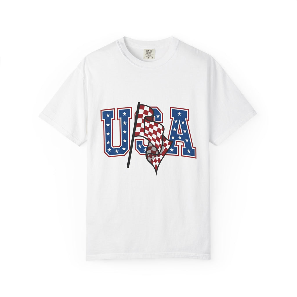 Checkered Banner Shirt America Cars Gift Women Classic Americana Tee Bunting T-Shirt American Enthusiast Vintage Tshirt Automotive Graphic