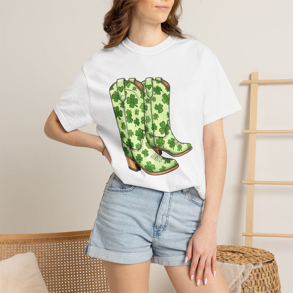 Leather Boots Shirt St Patrick's Day Rodeo Gift Women Cartoon Tee Boot T-Shirt Shamrock Fan Comic Tshirt Cowboy Graphic Hand Drawn Lucky
