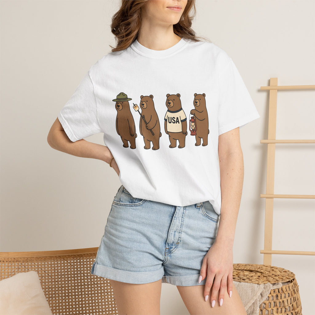 Camping Bears Shirt America Camping Gift Women Cartoon Tee Bear T-Shirt American Fan Cartoon Tshirt Outdoor Graphic Camping Illustration