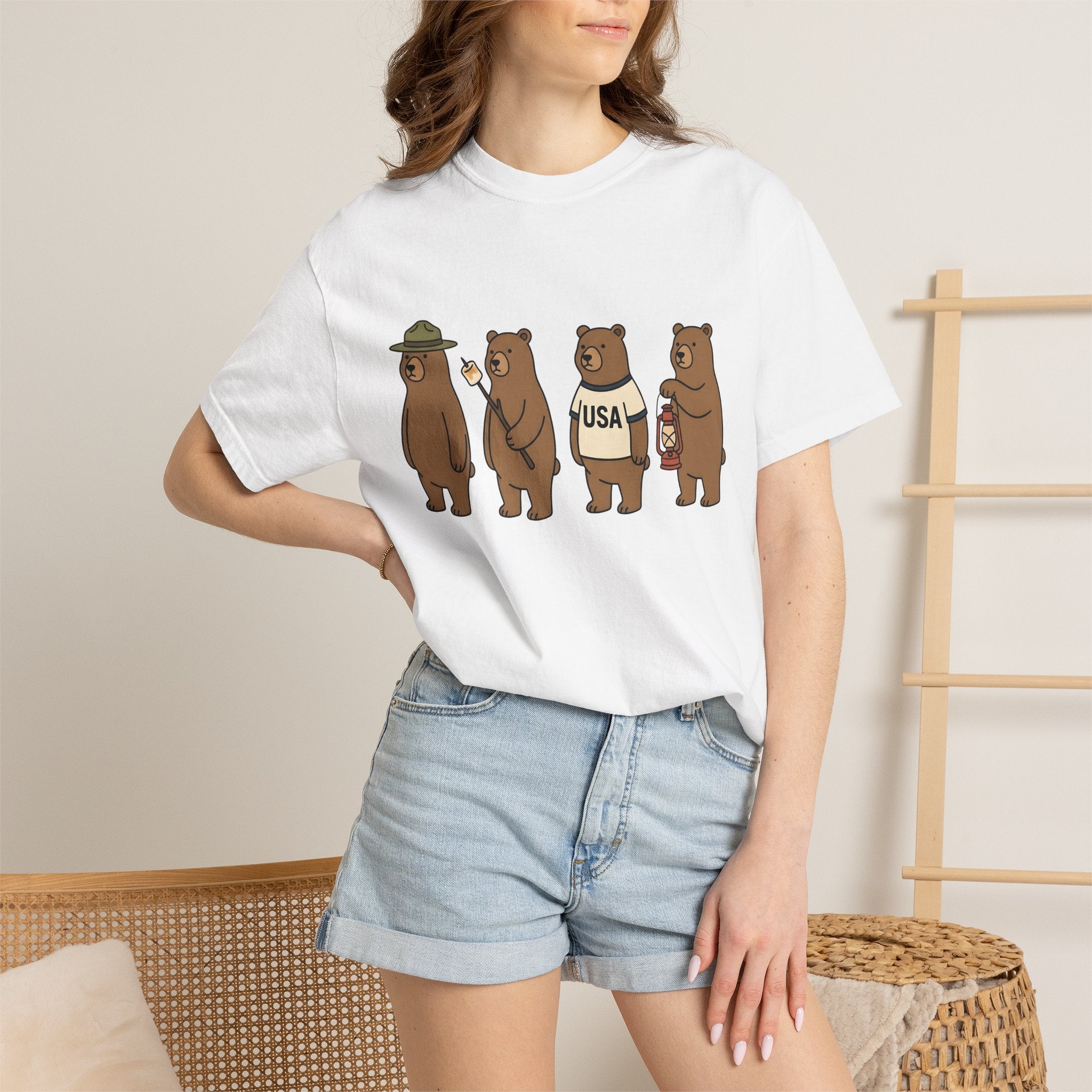 Camping Bears Shirt America Camping Gift Women Cartoon Tee Bear T-Shirt American Fan Cartoon Tshirt Outdoor Graphic Camping Illustration