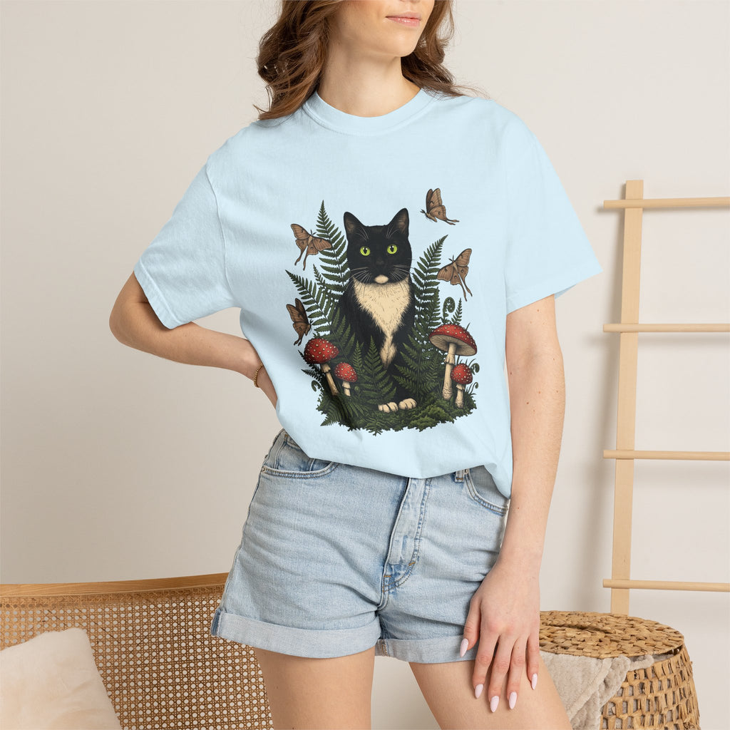 Black Cat Shirt Cat Environment Gift Women Garden Tee Cat T-Shirt Feline Fan Whimsy Graphic Conservation Illustration Classic Mushrooms