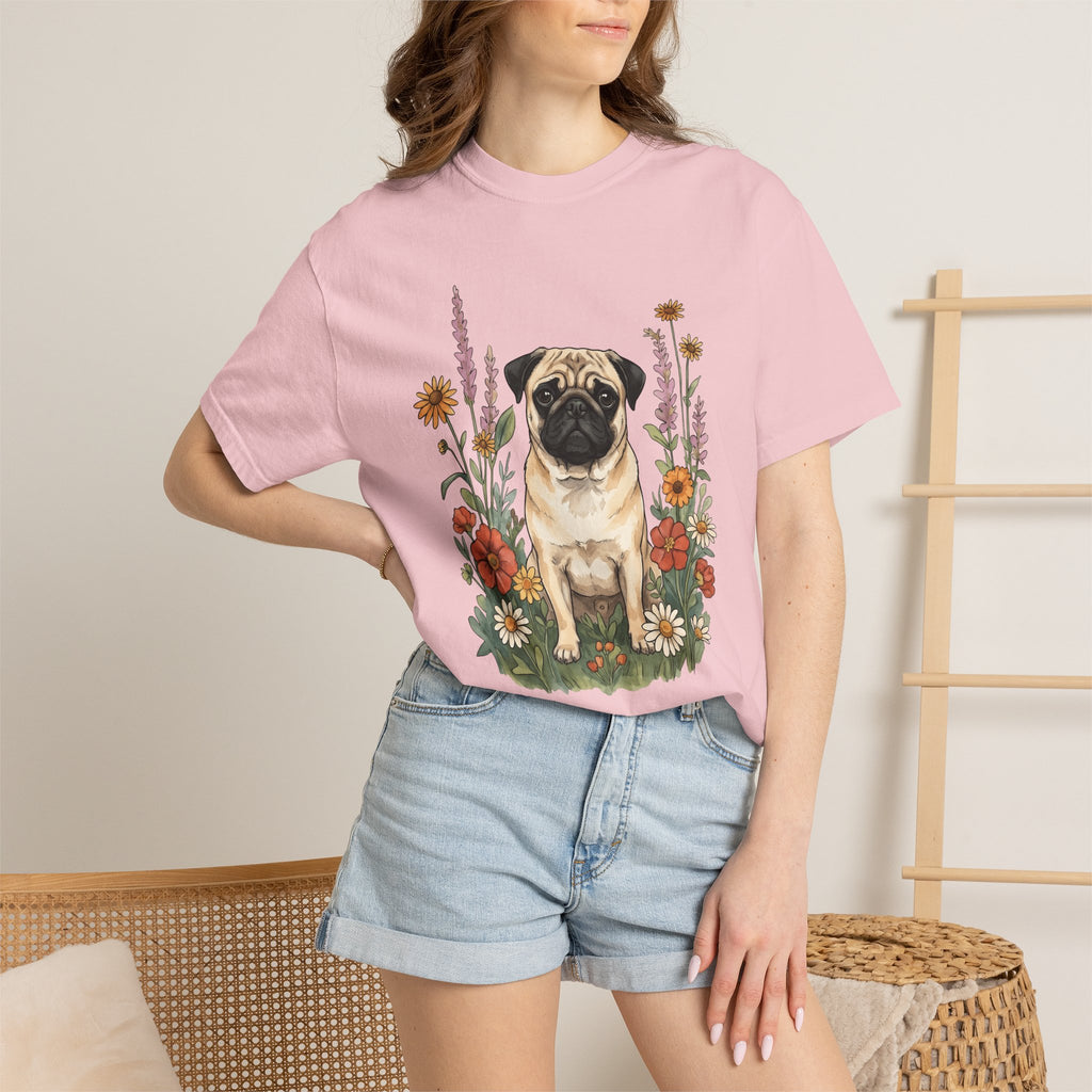Pug Pet Shirt Dog Blossoms Gift Women Gouache Tee Pug T-Shirt Dog Fan Painter Tshirt Floral Graphic Contour Wild Blooms Tshirt