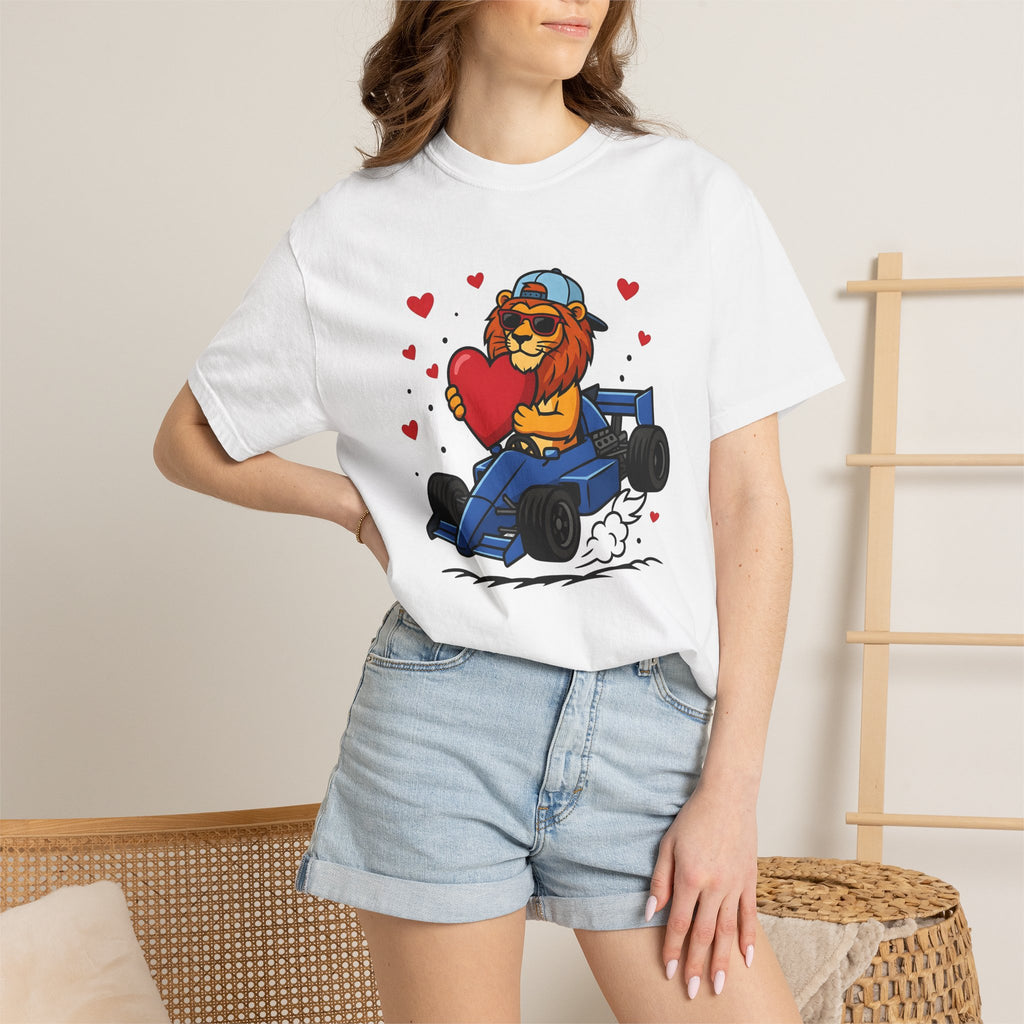 Lion Race Car Shirt St. Valentine's Day Animal Gift Women Cartoon Tee Lion T-Shirt Valentine Fan Funny Tshirt Creature Graphic Bold Heart