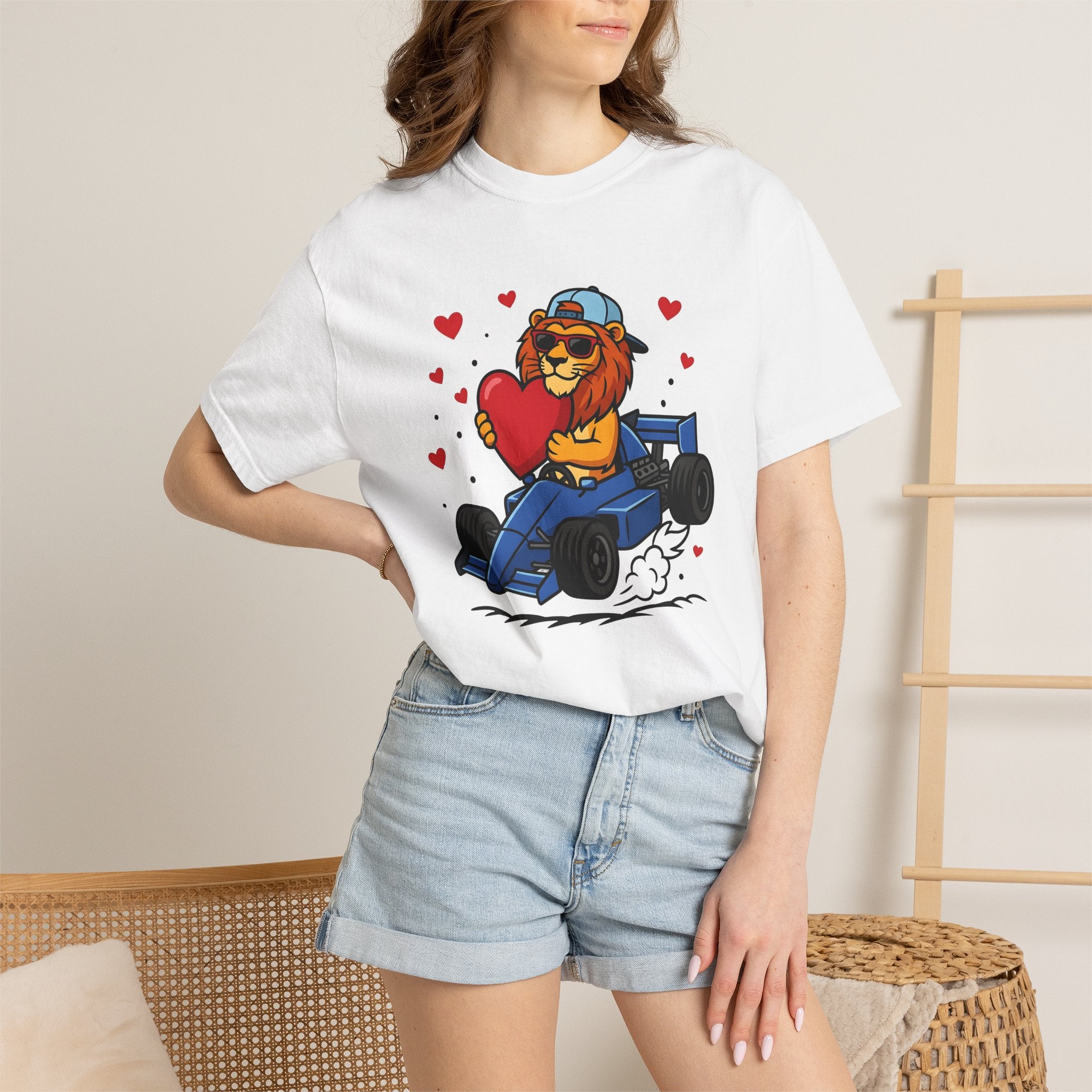 Lion Race Car Shirt St. Valentine's Day Animal Gift Women Cartoon Tee Lion T-Shirt Valentine Fan Funny Tshirt Creature Graphic Bold Heart