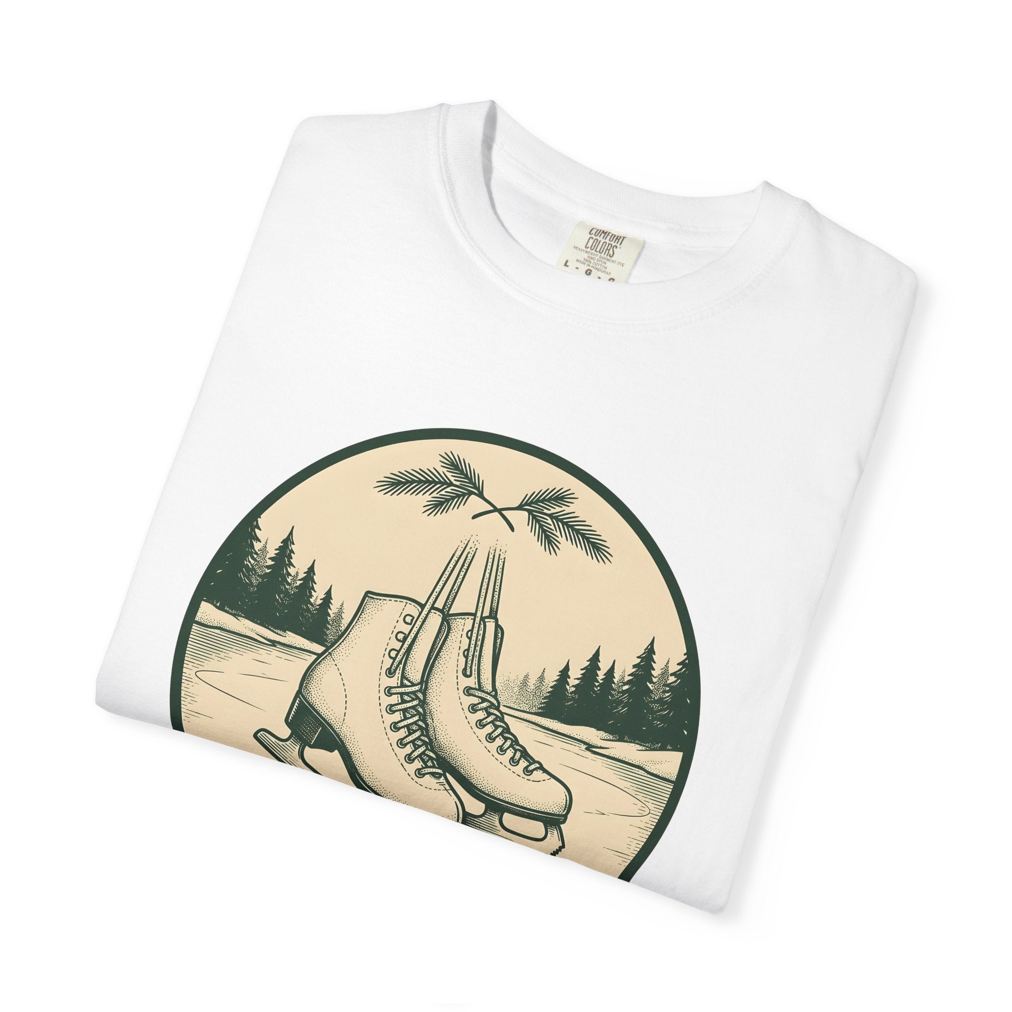 Ice Skates Shirt Christmas Winter Gift Women Vintage Tee Skating T-Shirt Xmas Fan Holiday Tshirt Frosty Illustration Hand Drawn Pine Trees
