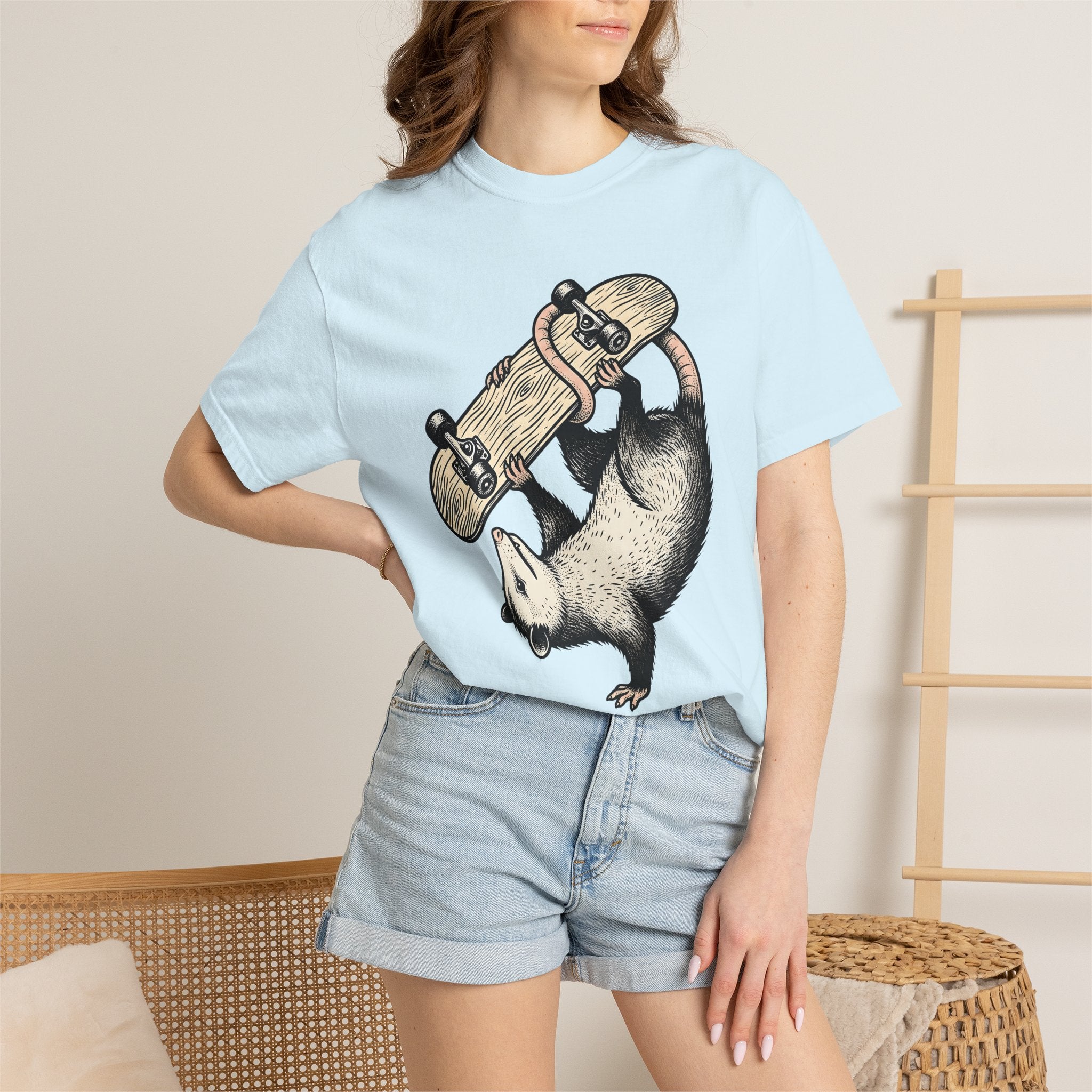 Night Possum Skateboard Shirt Animals Action Sports Gift Women Cartoon Tee Possum T-Shirt Wildlife Enthusiast Toon Tshirt Extreme Sports