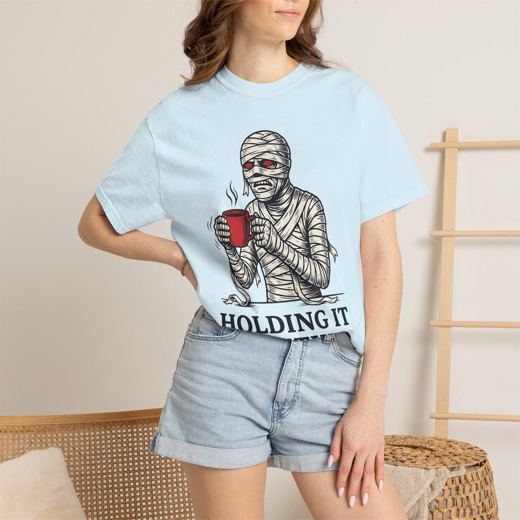 Bandaged Coffee Cup Shirt Halloween Caffeine Gift Women Cartoon Tee Mug T-Shirt Spooky Fan Coffee Cup Tshirt Caffeine Graphic Sketch Crimson