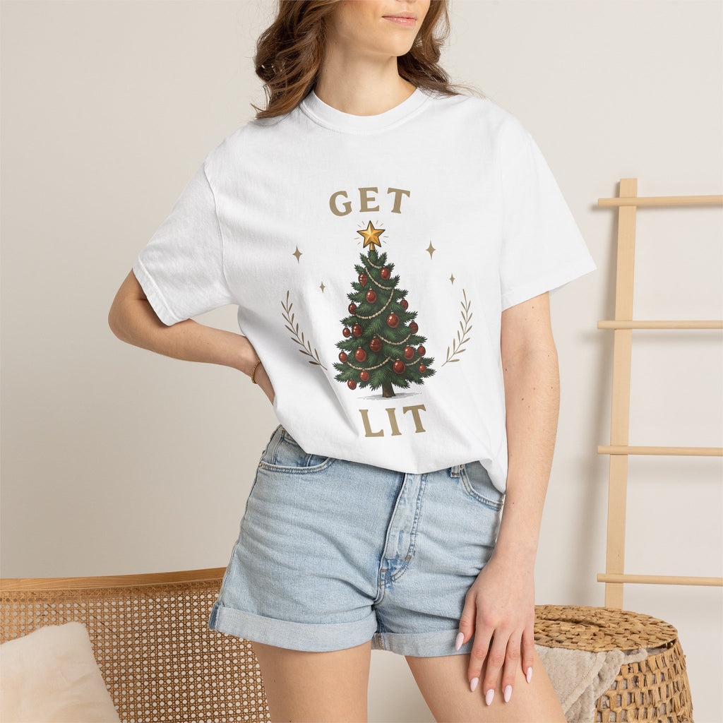 Christmas Tree Shirt Christmas Holiday Gift Women Vintage Tee Fir Tree T-Shirt Christmas Fan Xmas Tshirt Seasonal Graphic Hand Drawn Gold