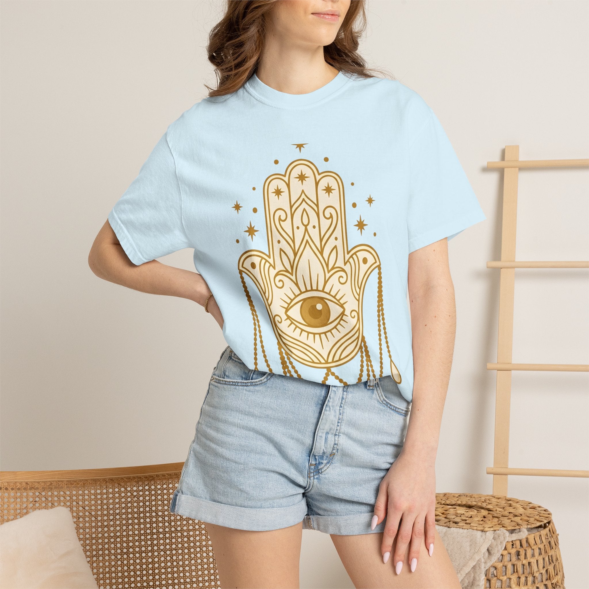 Hamsa Charm Shirt Boho Chic Meditation Gift Women Sketch Tee Hand Charm T-Shirt Bohemian Enthusiast Drawing Illustration Spiritual Design