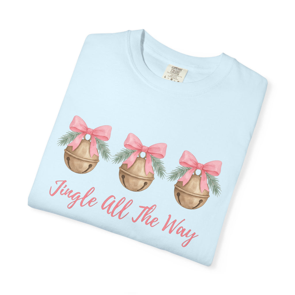 Jingle Bell Shirt Christmas Holiday Gift Women Watercolor Tee Bell T-Shirt Xmas Fan Christmas Tshirt Holiday Graphic Sketch Pink Ribbon