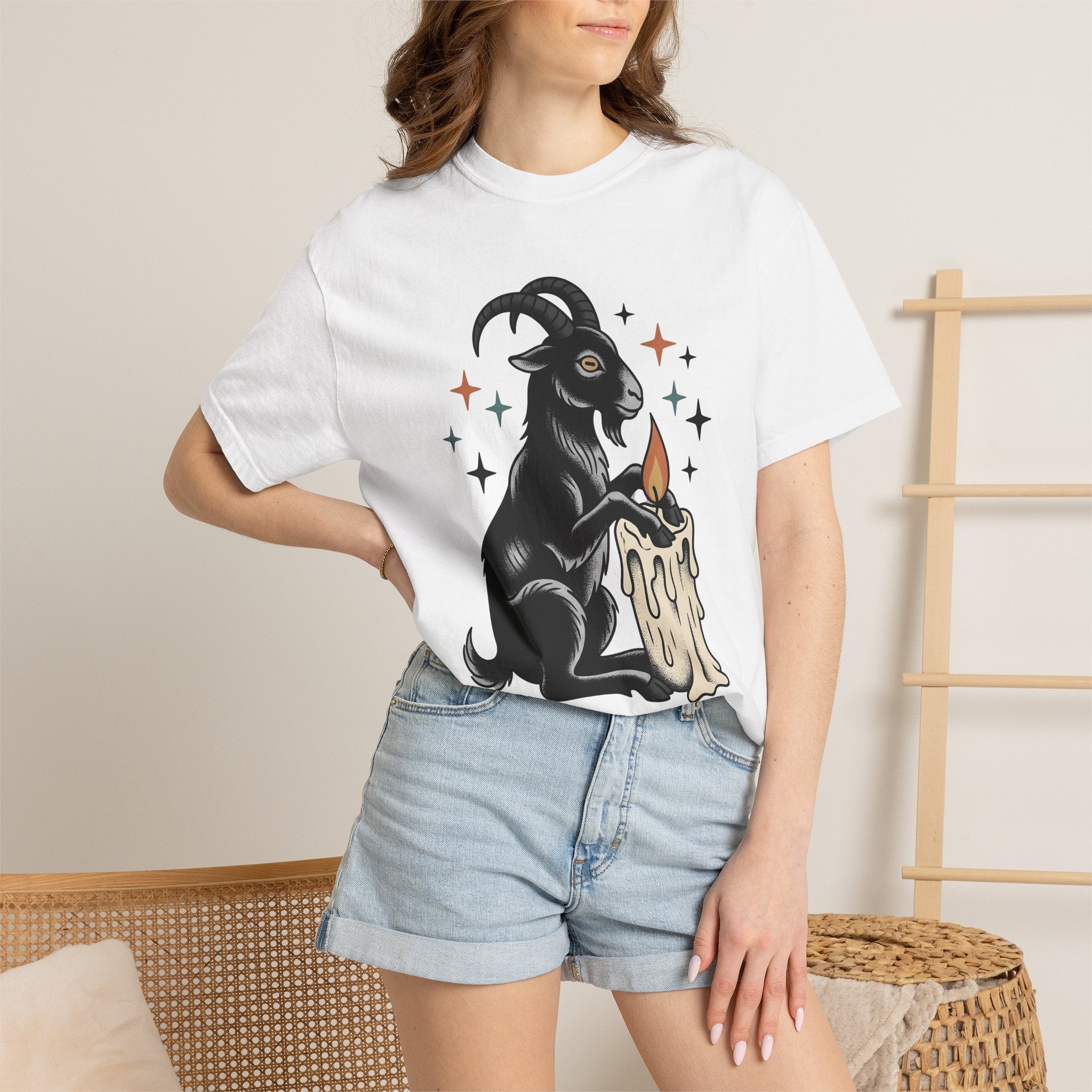 Goat Candle Shirt Boho Chic Gothic Gift Women Tattoo Tee Candle T-Shirt Bohemian Enthusiast Ink Tshirt Dark Graphic Vintage Stars Tshirt