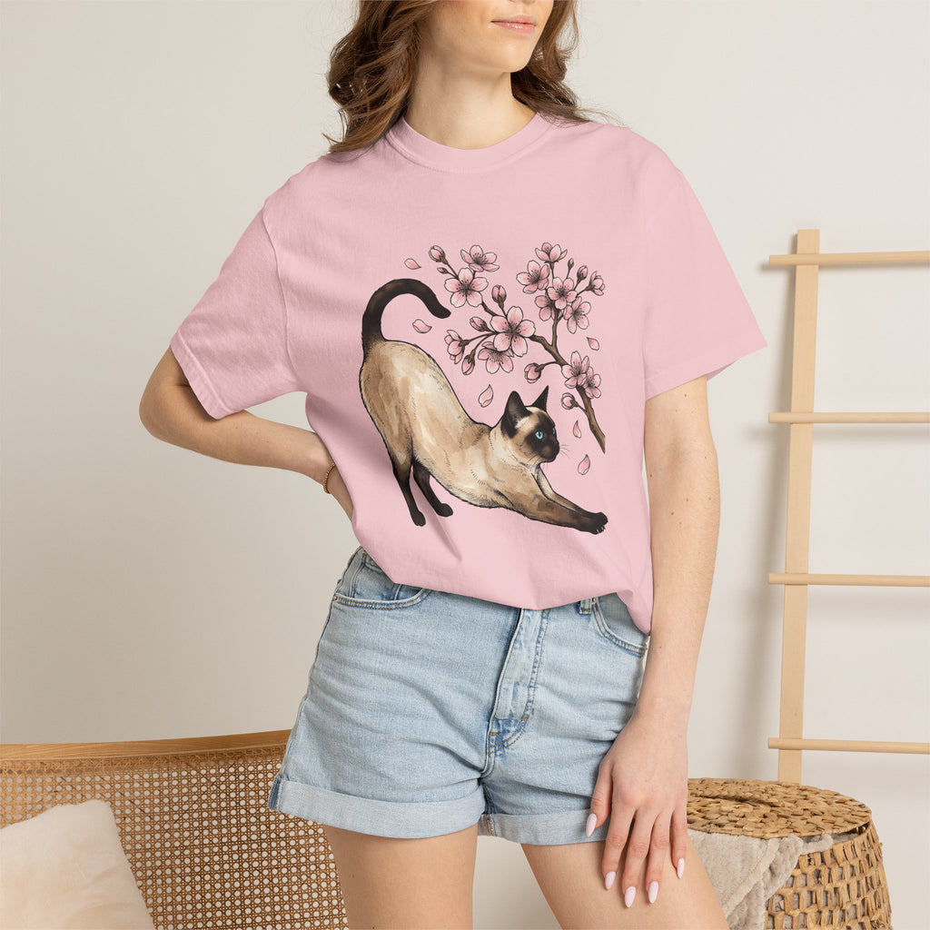 Siamese Kitten Shirt Cat Flower Gift Women Painting Tee Kitten T-Shirt Cat Fan Feline Tshirt Floral Graphic Sketch Sakura Flower Tshirt