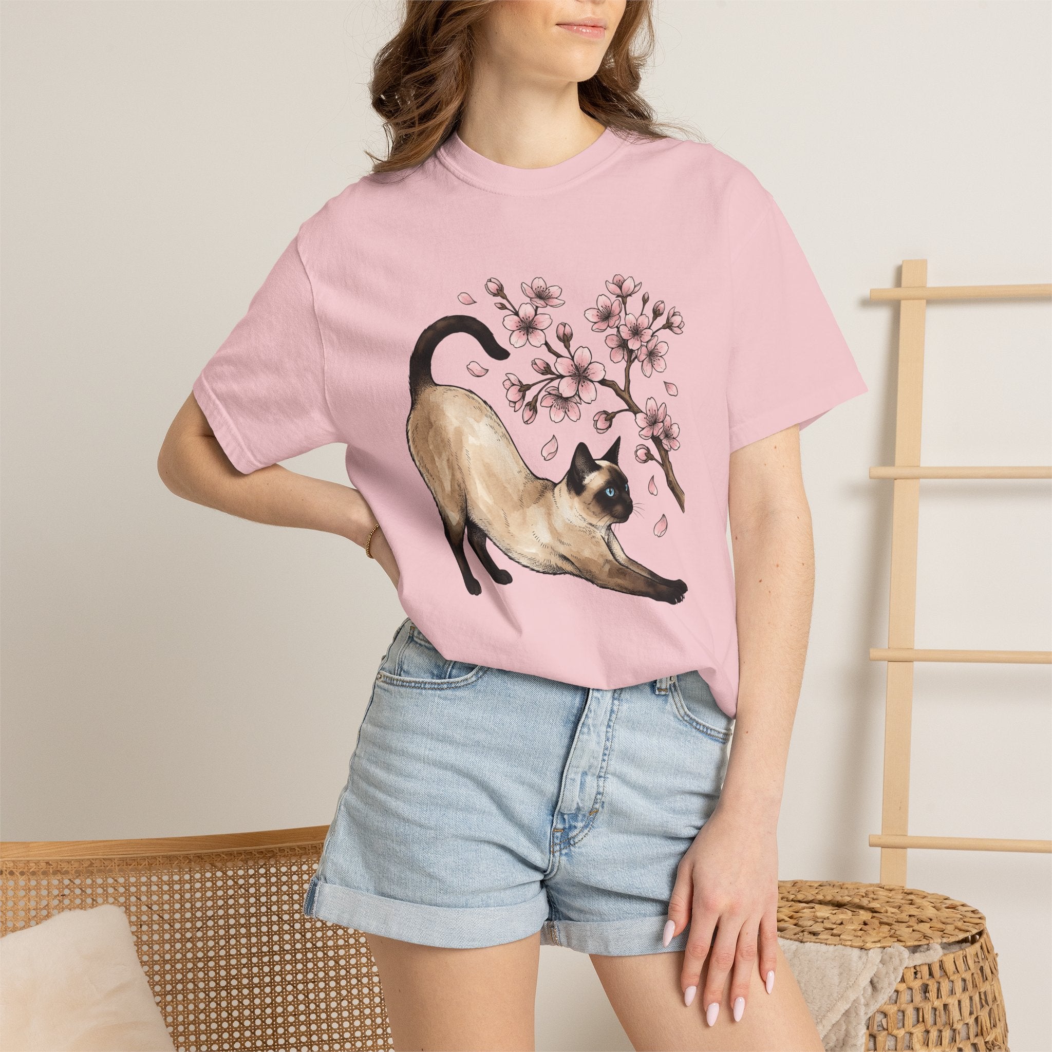 Siamese Kitten Shirt Cat Flower Gift Women Painting Tee Kitten T-Shirt Cat Fan Feline Tshirt Floral Graphic Sketch Sakura Flower Tshirt