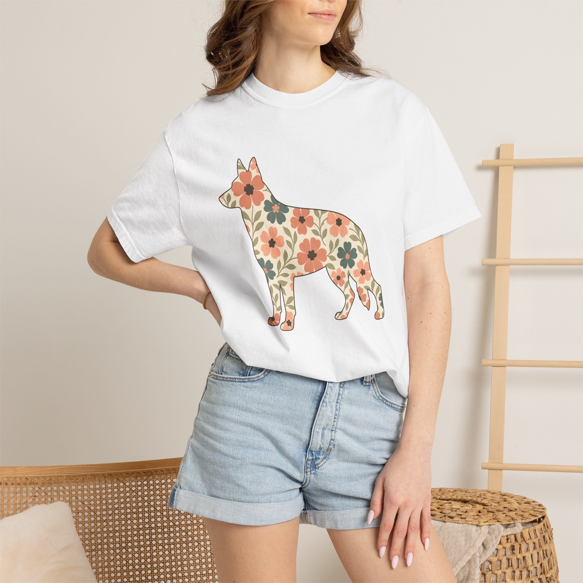 German Shepherd Puppy Shirt Dog Critters Gift Women Flower Art Tee Alsatian T-Shirt Dog Fan Canine Graphic Tshirt Clean Floral Tshirt