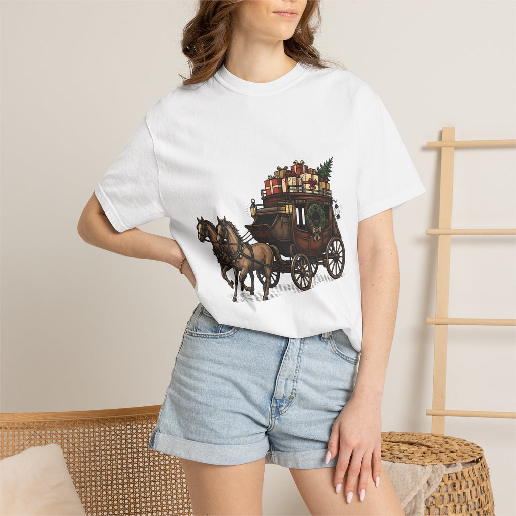 Horse Wagon Shirt Christmas Festive Gift Women Retro Tee Carriage T-Shirt Holiday Fan Vintage Tshirt Cheerful Graphic Sketch Present Boxes