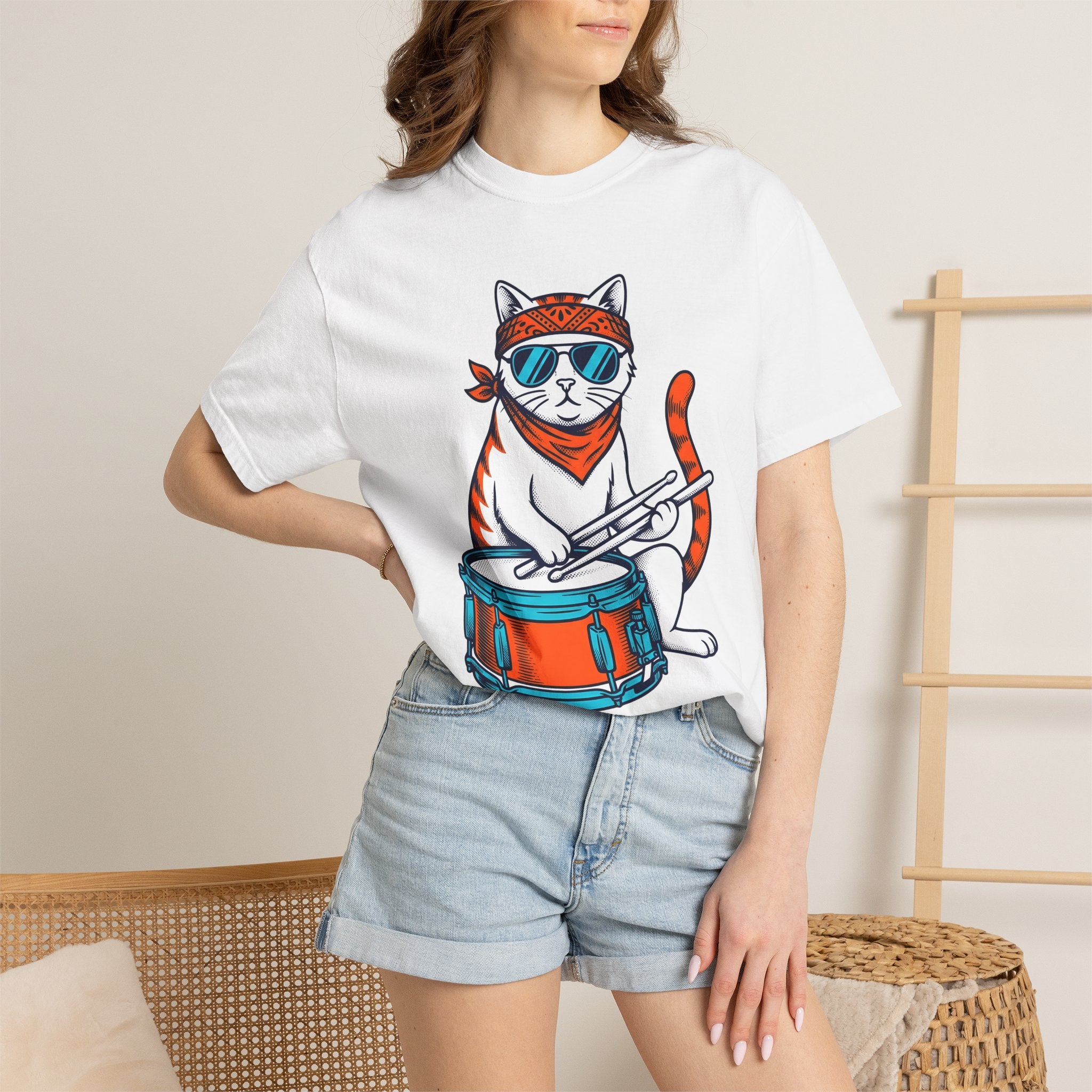 Drummer Kitten Shirt Cat Instruments Gift Women Comic Tee Drummer T-Shirt Cat Fan Cartoon Tshirt Musical Instrument Graphic Vintage Shades